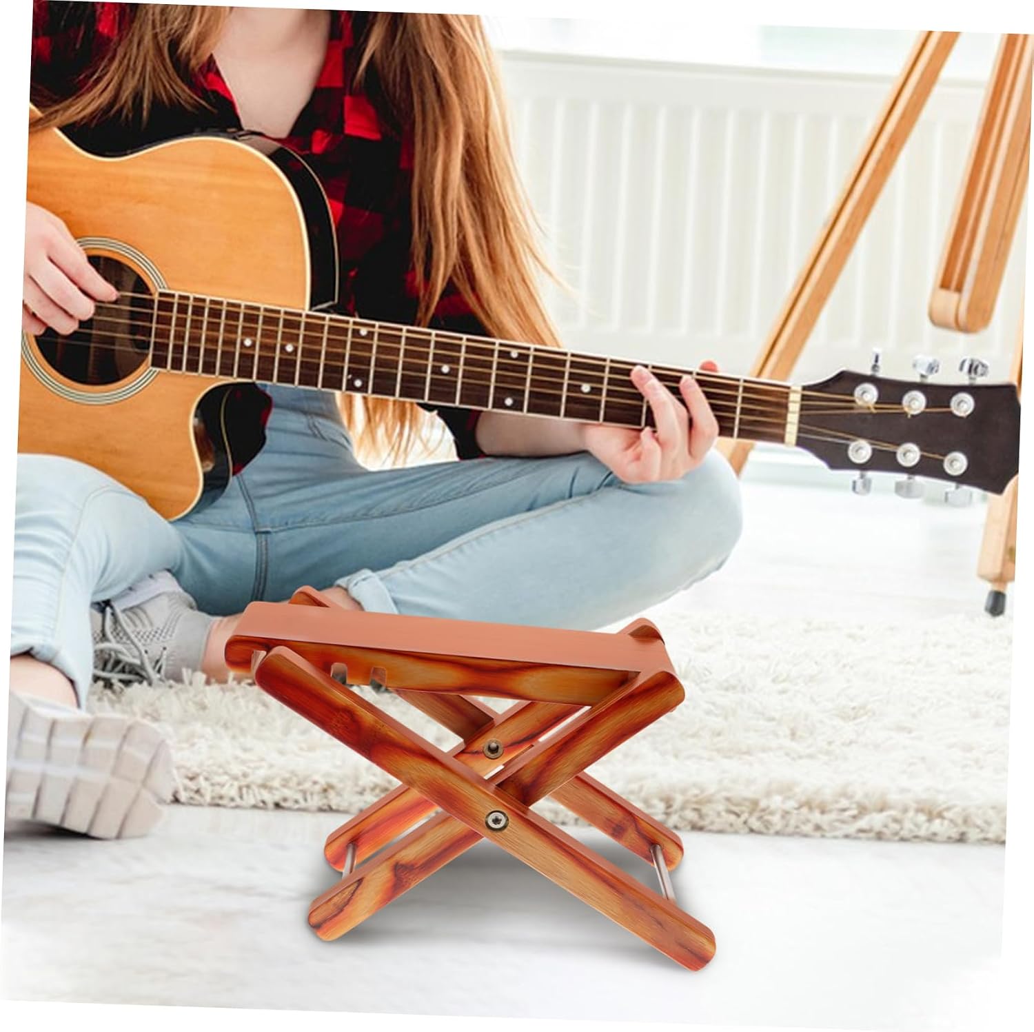Adjustable Guitar Footrest Bamboo Foot Stool Gear Foldable for Classical Acoustic Guitar