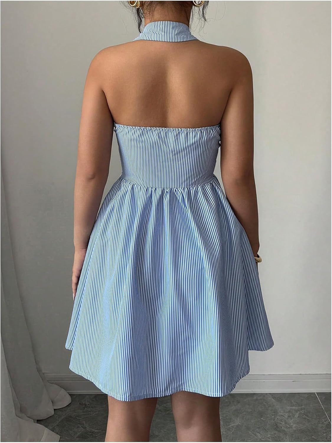 Floerns Women's Striped Halter Shirts Dress Collared Button Up Ruffle Hem Mini Dresses - Image 2