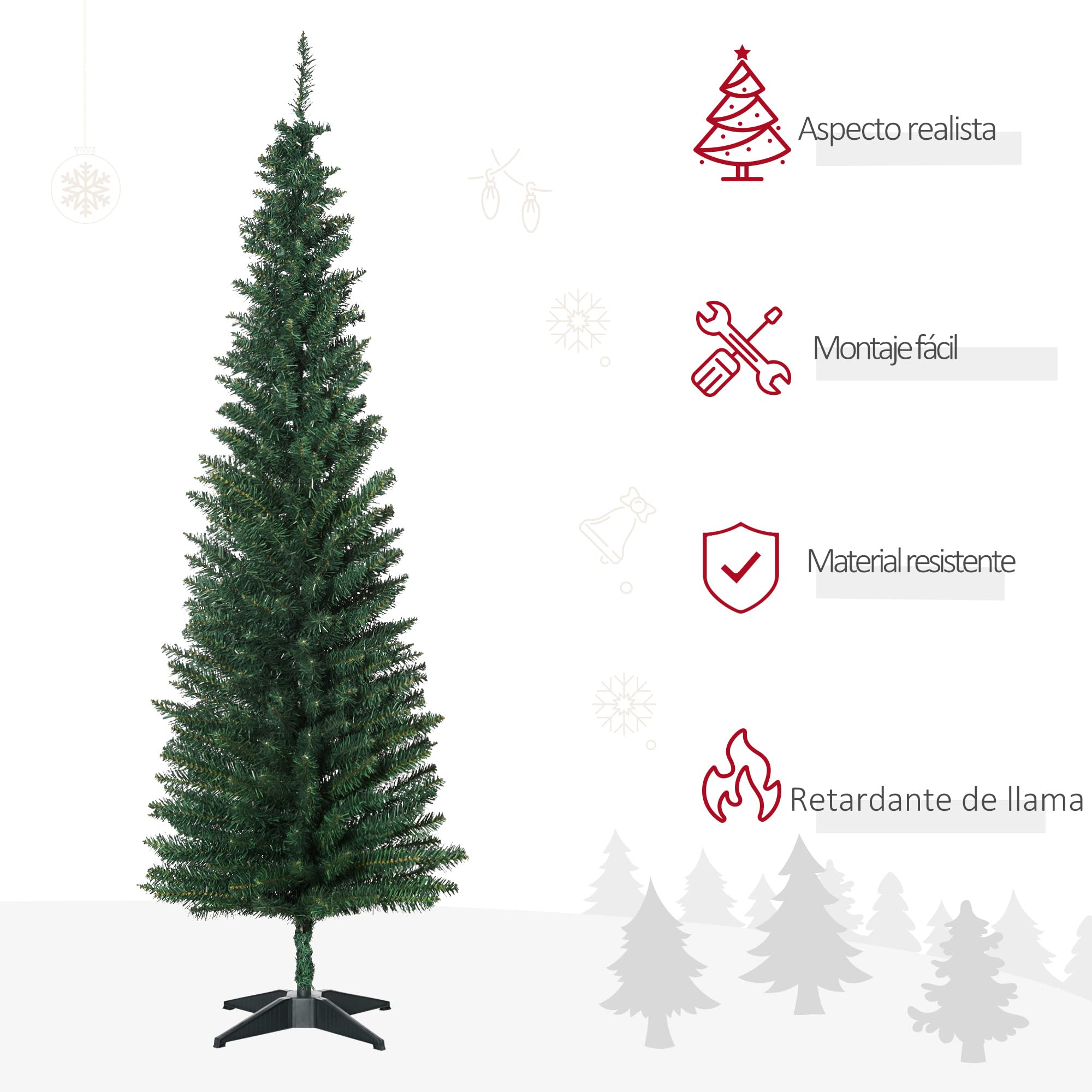 HOMCOM Árbol de Navidad Estrecho 180 cm, Árbol Artificial con 390 Ramas, Base de Plástico Desmontable, Fácil Montaje, para Salón Interior, Verde