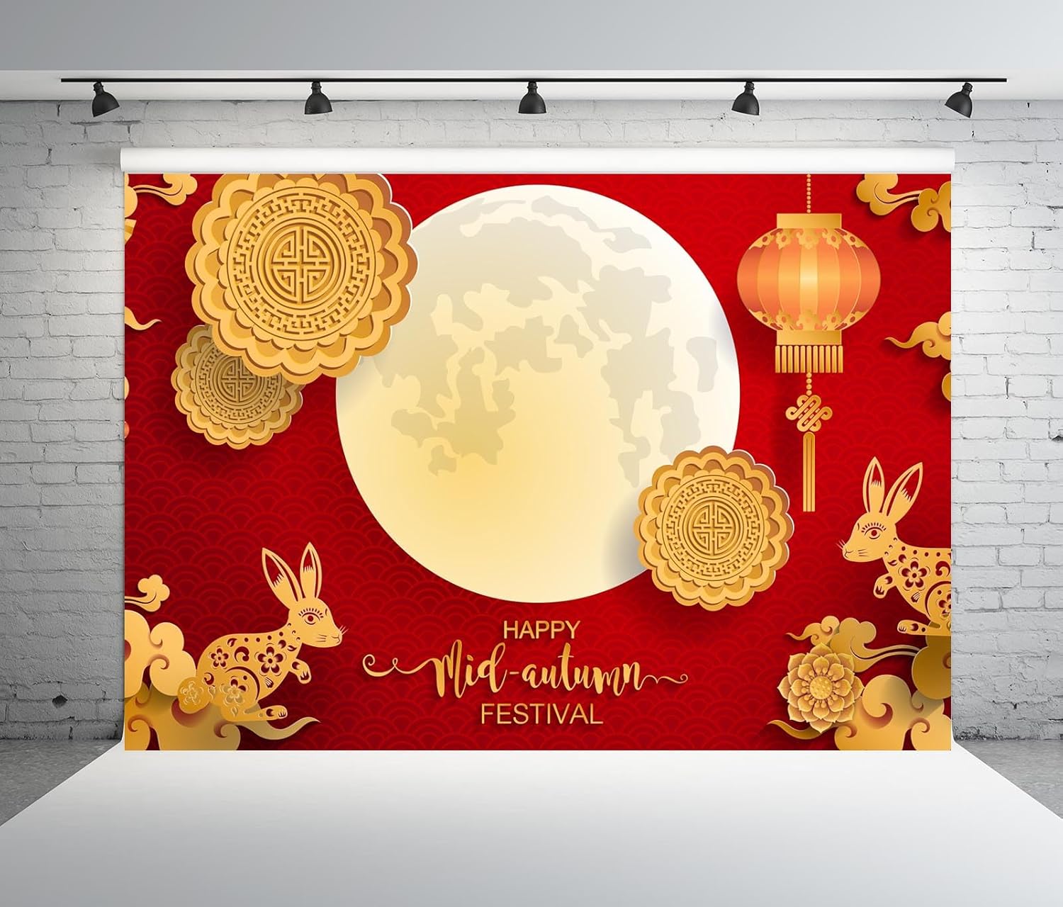 BELECO Telón de fondo de tela de 15 x 10 pies para festival de mediados de otoño, escena de luna llena, linternas rojas, pastel de luna, fondo de