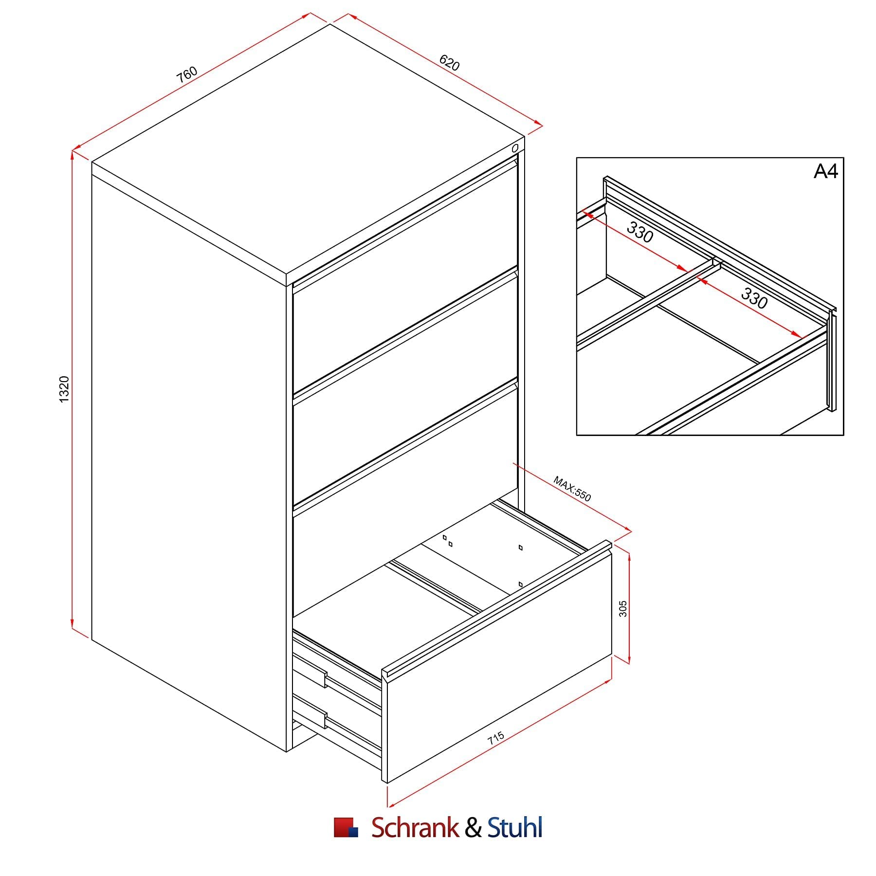 Schrank & Stuhl Hängeregisterschrank doppelbahnig – Hängemappenschrank mit 4 Schüben für DIN A4, abschließbar, Lieferung komplett montiert, 132 x 76 x 62 cm, Grau