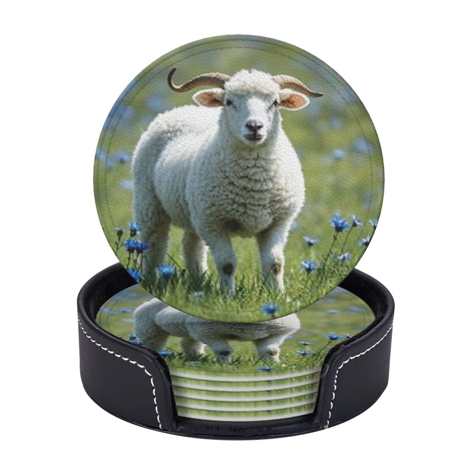 Drink Coasters 6 PCS Round Leather Coaster Sheep Coasters for Drinks Non-Slip Mugs Pads with Holder Personalized Cups Pad Mat for Coffee Table Kitchen 10 CM