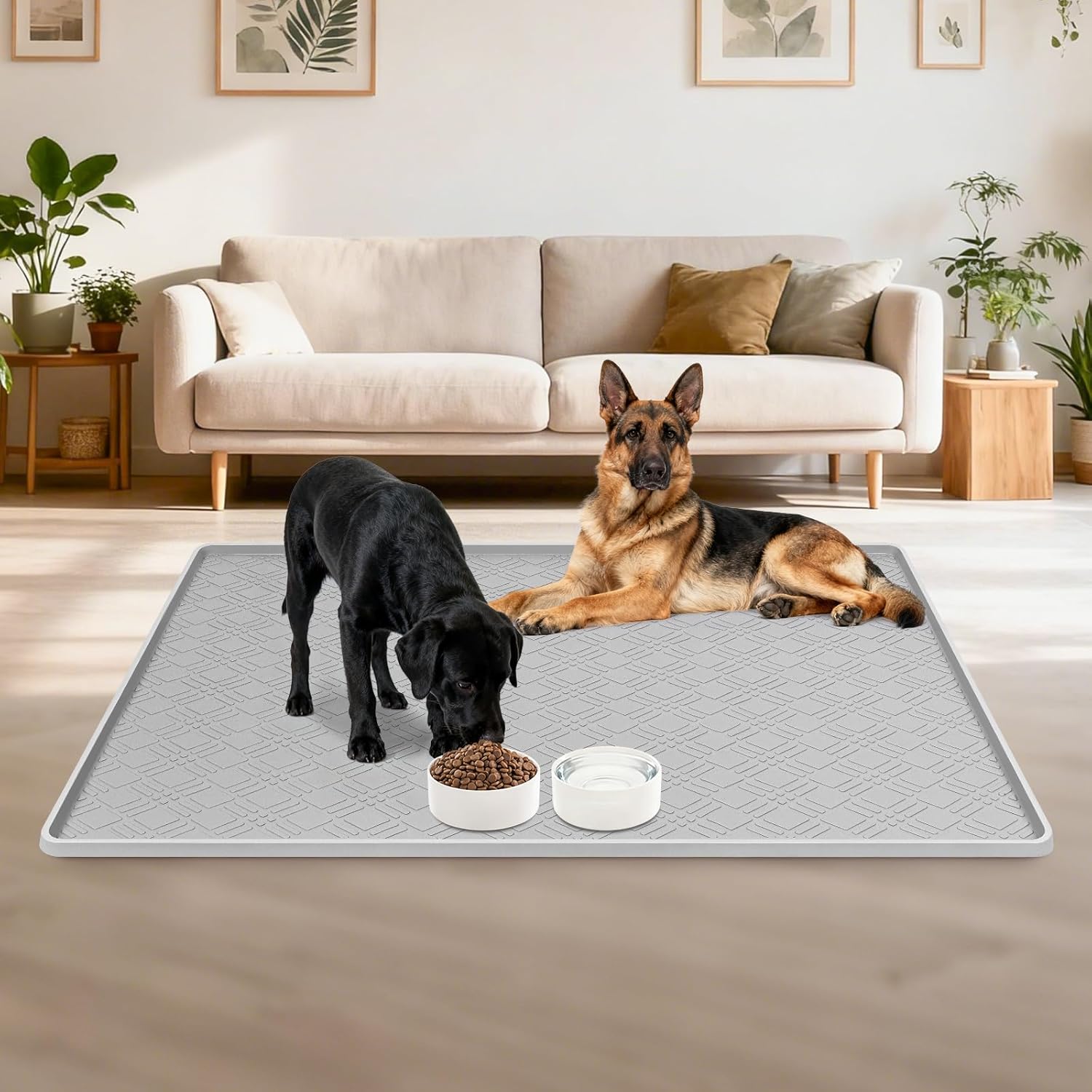 Lanstics ドッグフードマット、106.7 cm x 73.7 cm L シリコンマット 犬用給餌マット 盛り上がったエッジ付