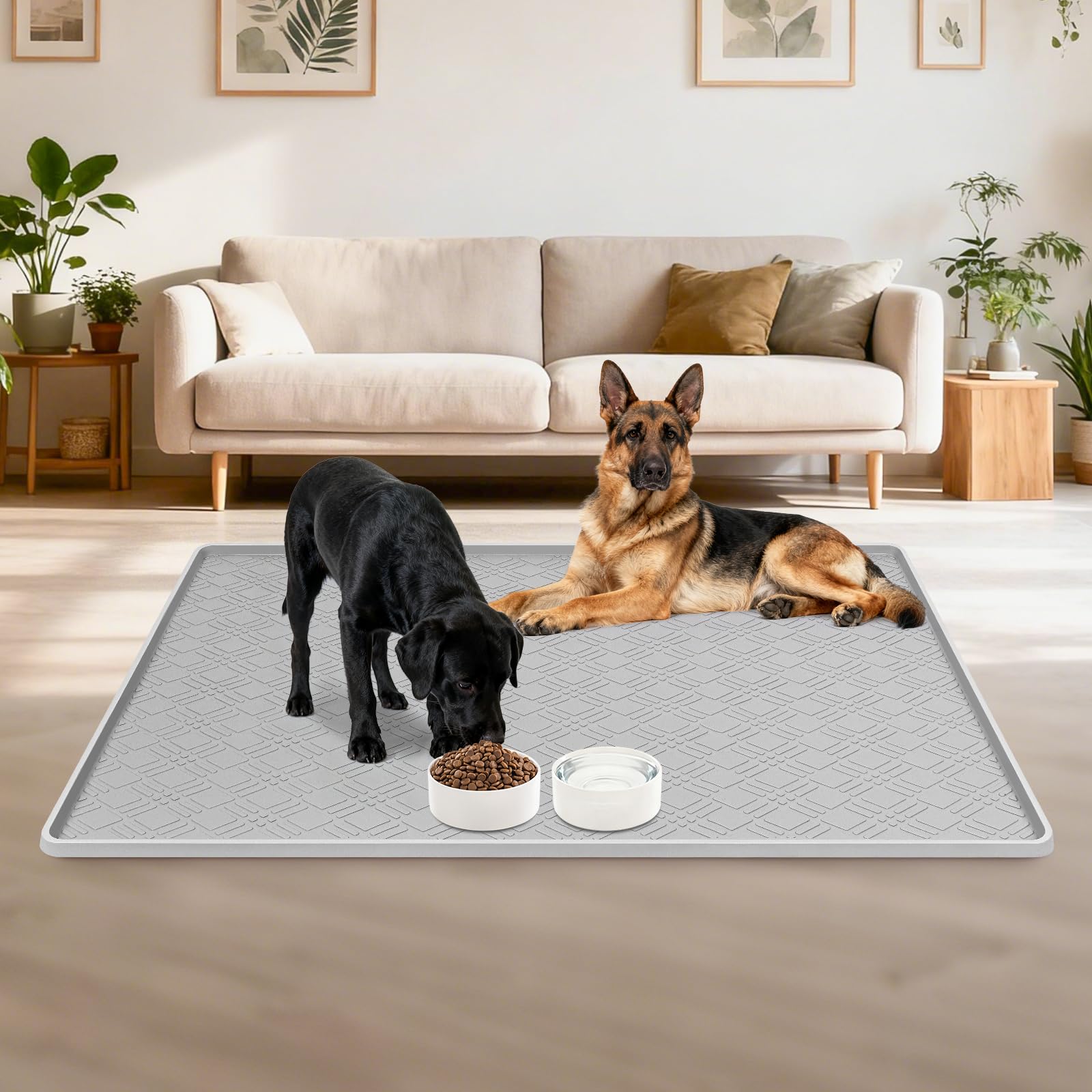 Kalolary 42 x 29 pollici Tappetino per Cibo per Cani (Grigio Chiaro) | Grande Tappetino in Silicone Cani con Bordo Rialzato Antiscivolo Ciotola Cibo e Acqua Facile Pulire Protezione Pavimento