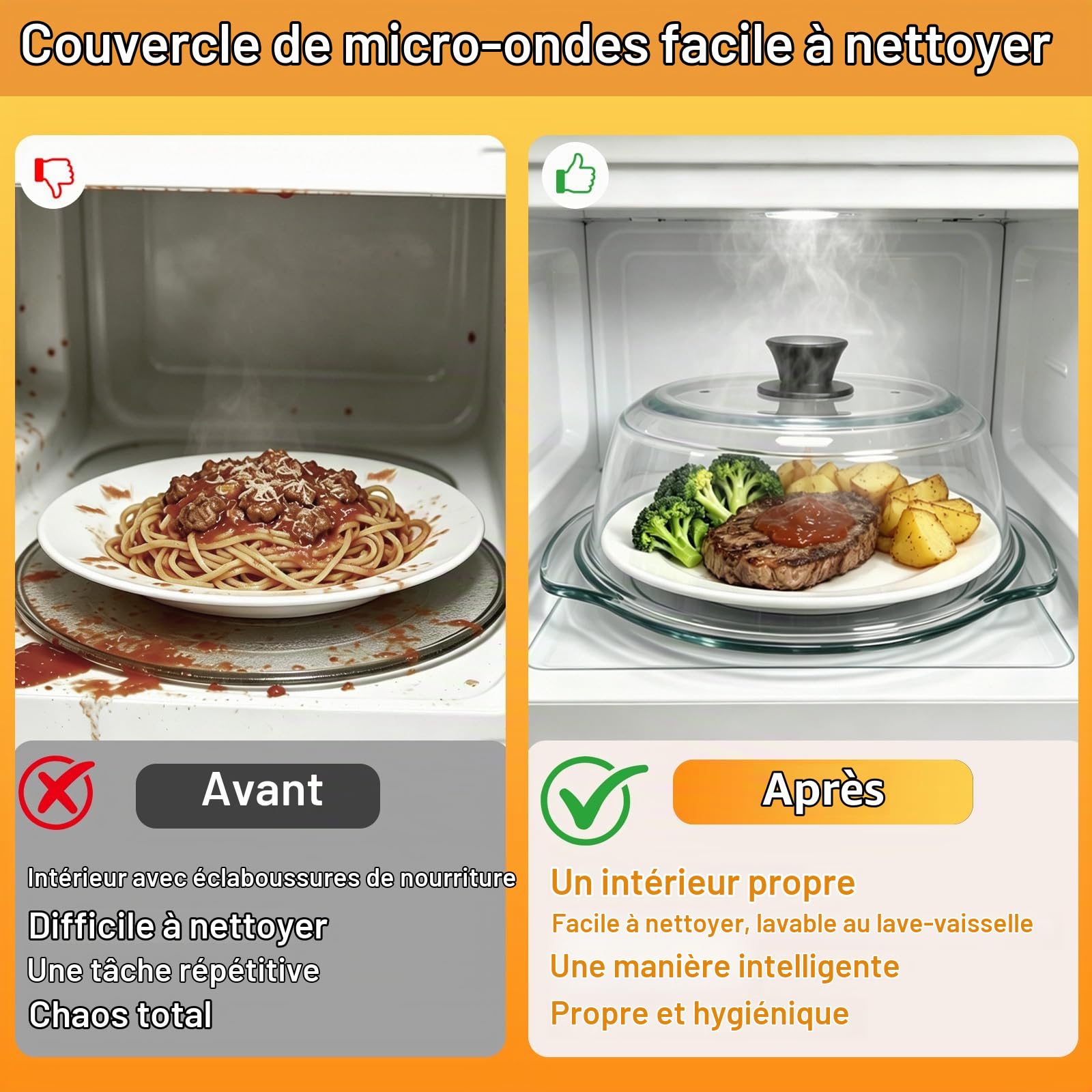 Couvercle Micro Ondes Verre: Protection Anti-brûlure pour Micro-ondes Avec Poignées en Silicone-Couvercle pour Micro-ondes Avec Double Trou d'aération-pour Assiettes et Bols Sans BPA