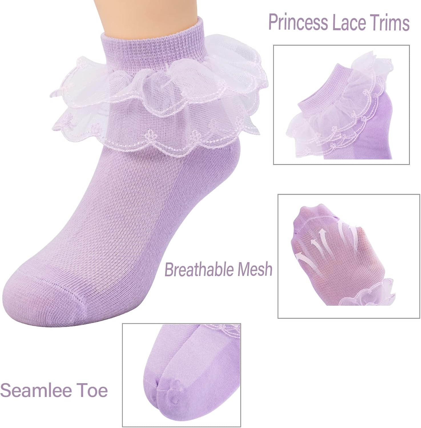 4/5/6 Pack Baby Toddler Girls Ruffle Socks White Princess Eyelet Frilly Lace Ankle Cotton Dress Socks for Little/Big Kids - Image 4