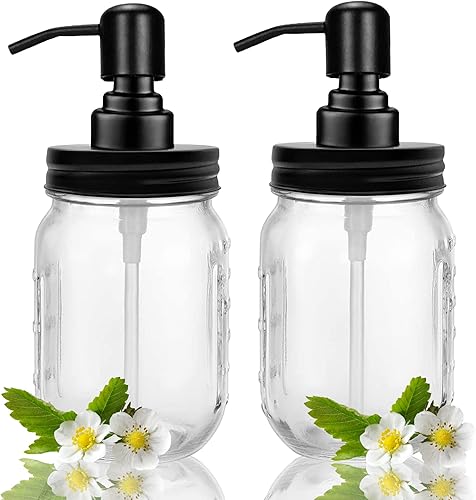 Miniatura 2 de Paquete de 2 dispensadores de jabón en frascos Mason  Dispensador de jabón de vidrio transparente de 16 onzas de grosor con bomba de acero
