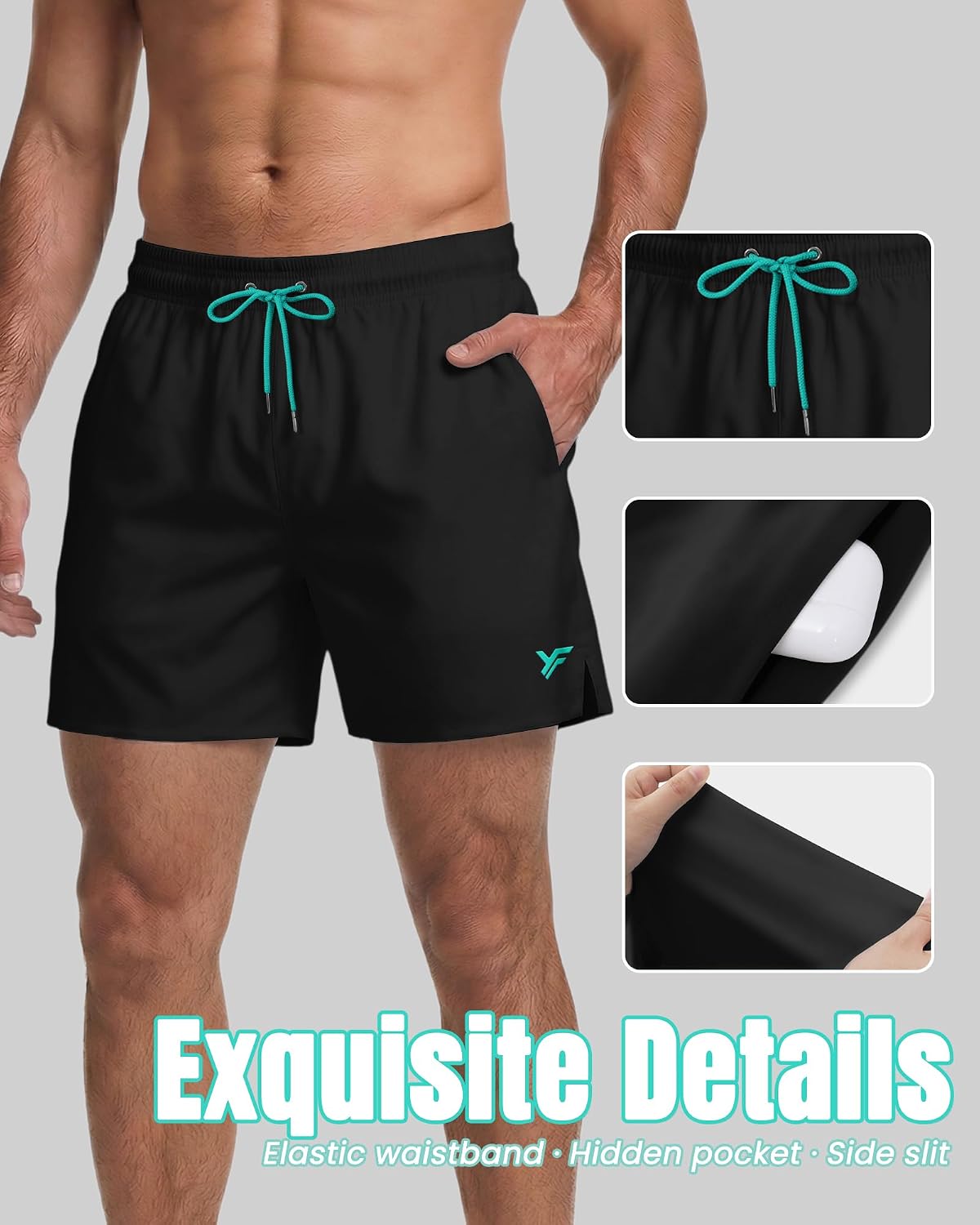 Yufawow 5 Inches Men Swim Trunks with Mesh Lining and Quick Dry Pockets for Board Beach Gym Running