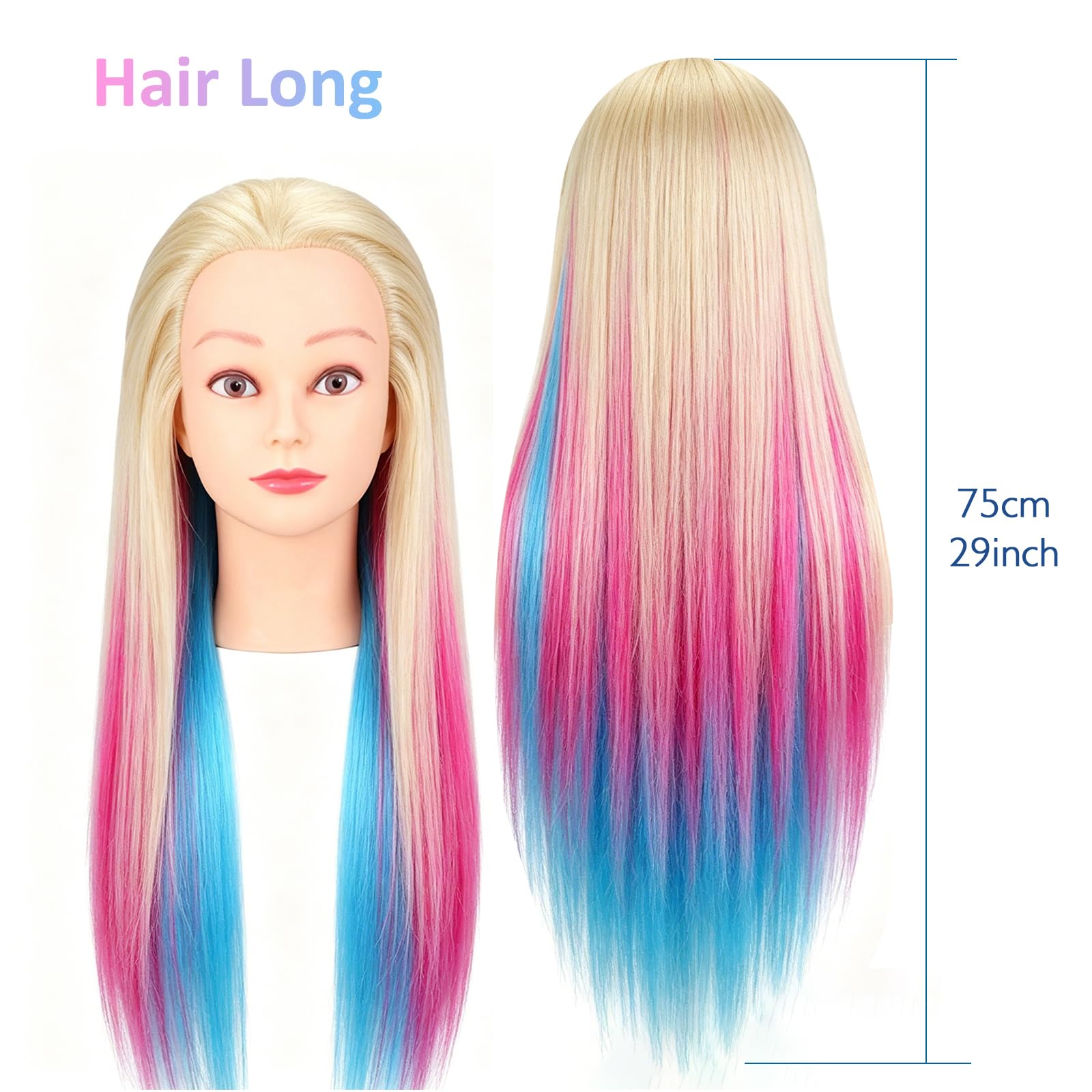 Cabeza Peluqueria, TopDirect 29.5"/75cm Cabello Colorido Cabeza Maniquí Peluqueria Practicas Formación Muñeca de la Cosmetología con Soporte + Accesorios de Peinado Kit Set