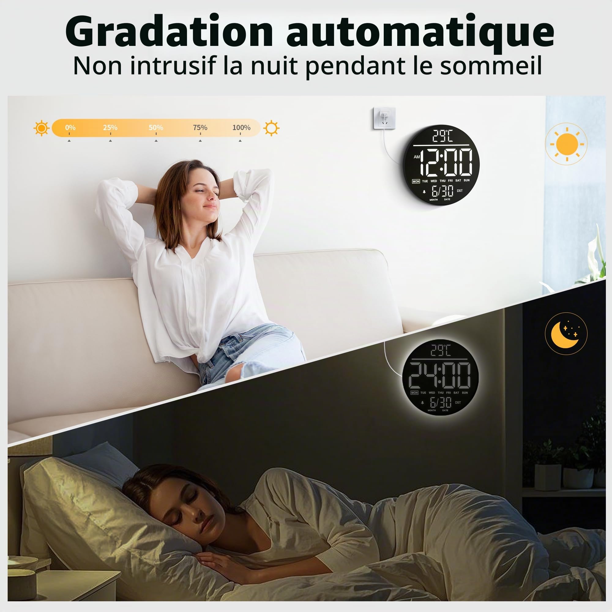 Horloge Murale Numérique 10" avec Veilleuse, Alarme, Télécommande, 11 Couleurs RGB, Luminosité Auto, Température, Date et Jour, Horloge Murale LED Électrique Moderne pour Chambre et Salon
