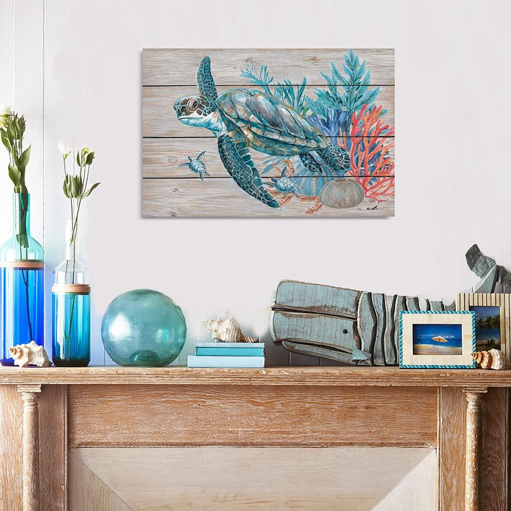 Teal Bathroom Decor Wall Art, Beach Turtle Swim Under the Ocean with Coral and Turquoise Seagrass on Rustic Wood Panel Background Sea Turtle Gifts for Women 36"x24" Framed and Ready to Hang image 2