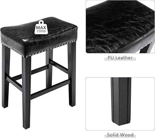 Miniatura 4 de Juego de 2 taburetes de bar de piel sintética con asiento de silla de montar de altura de mostrador, silla de cocina con cabeza de clavo, silla de