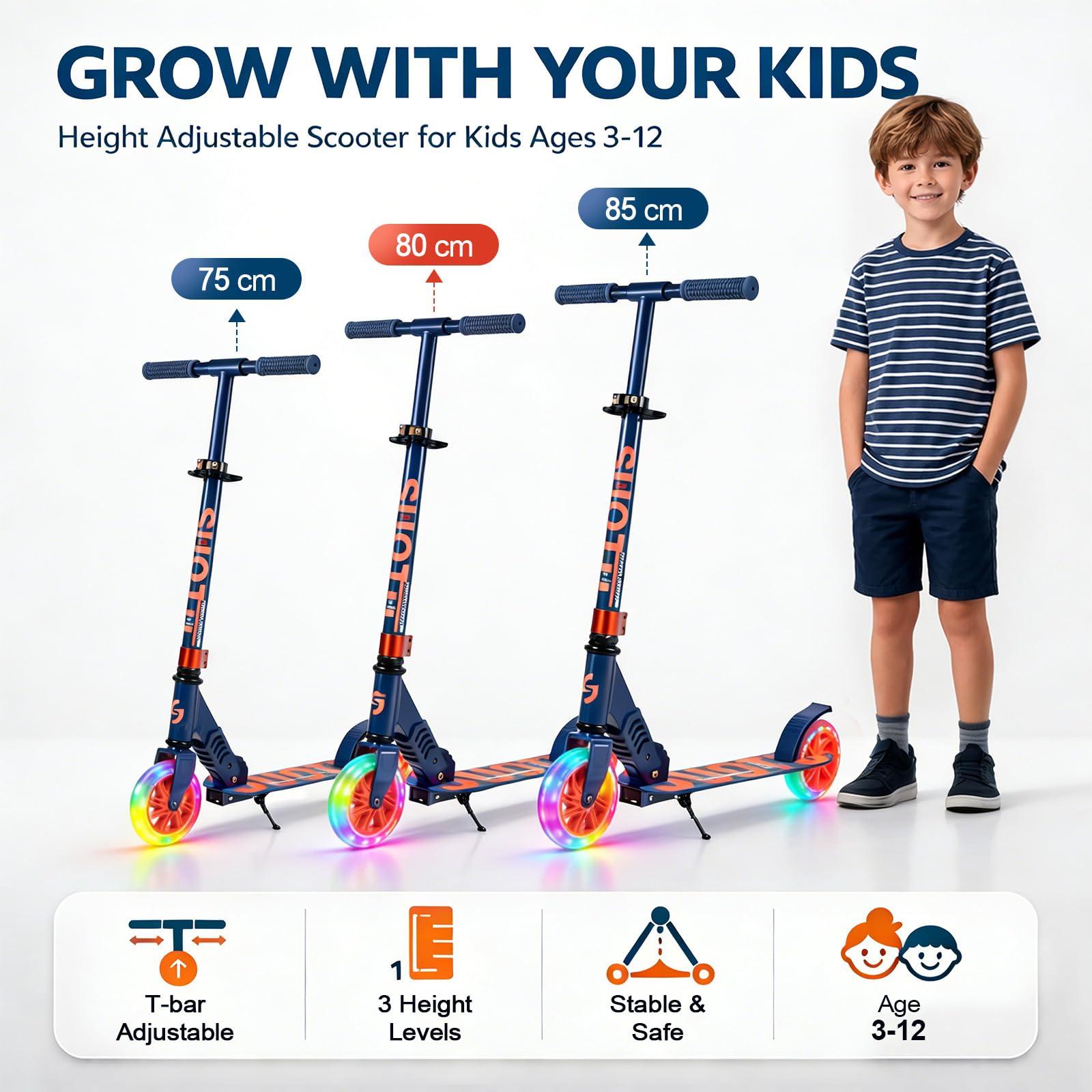 Monopattino con Ruote luminose da 145 mm, Capacità: 100 kg, Pieghevole, Regolabile in Altezza, Scooter per Bambini 3-12 Anni, Alluminio
