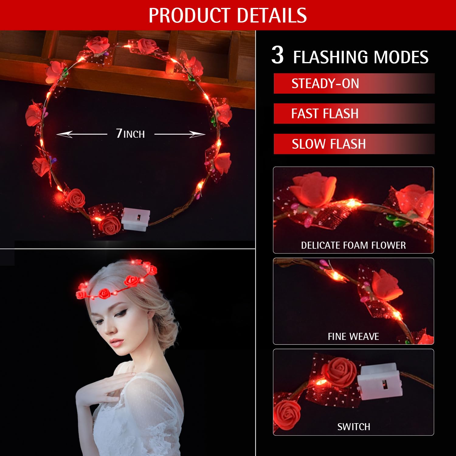 Lot de 36 bandeaux lumineux pour femme, couronne florale lumineuse pour mariage, fête sur la plage