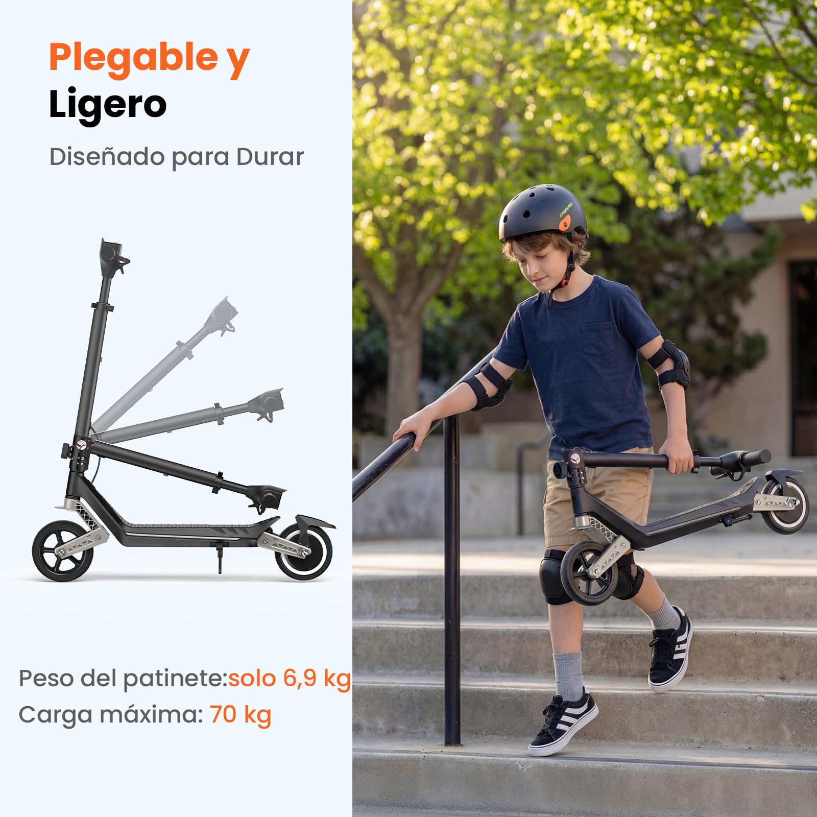 isinwheel Patinete Electrico Niño K6,6-12 Años,Ruedas Macizas 6.5",3 Velocidades5/10/16 km/h,Doble Suspensión Delantera y Trasera,3 Modos LED, Bluetooth,Plegable Ajustable,Carga Máxima 70 kg