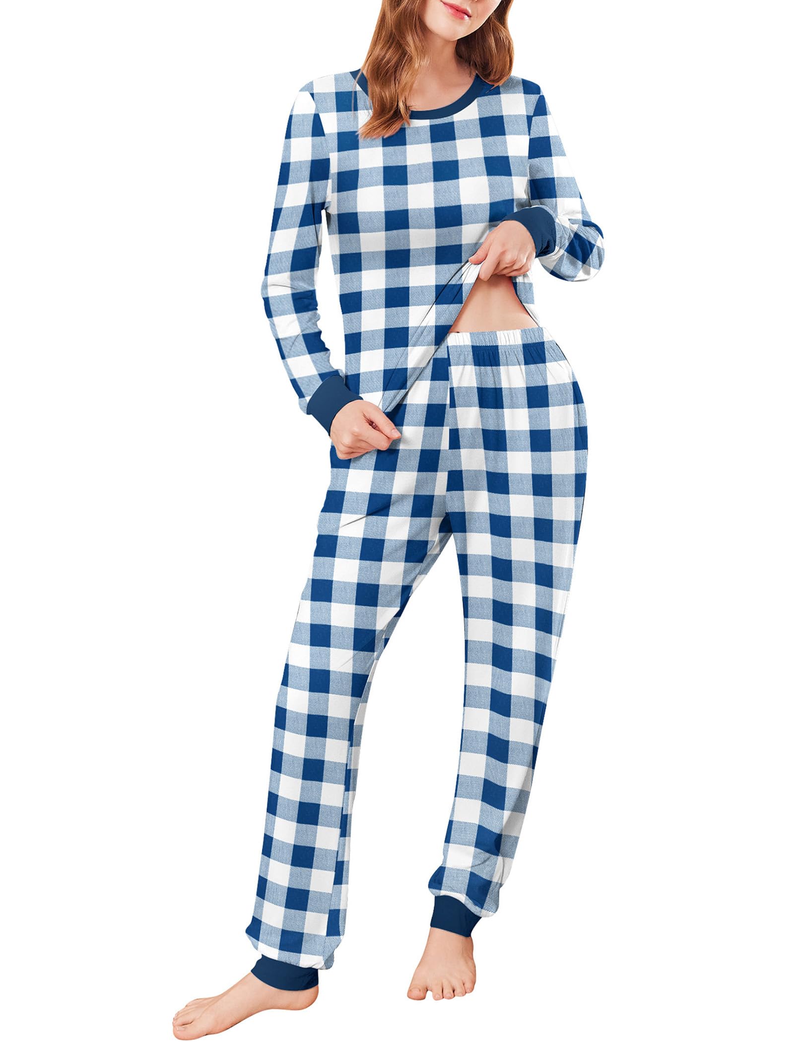 Ekouaer Women's Pajama Set Plaid Pjs Long Sleeve Sleepwear Soft Contrast Tops and Pants Lounge Sets