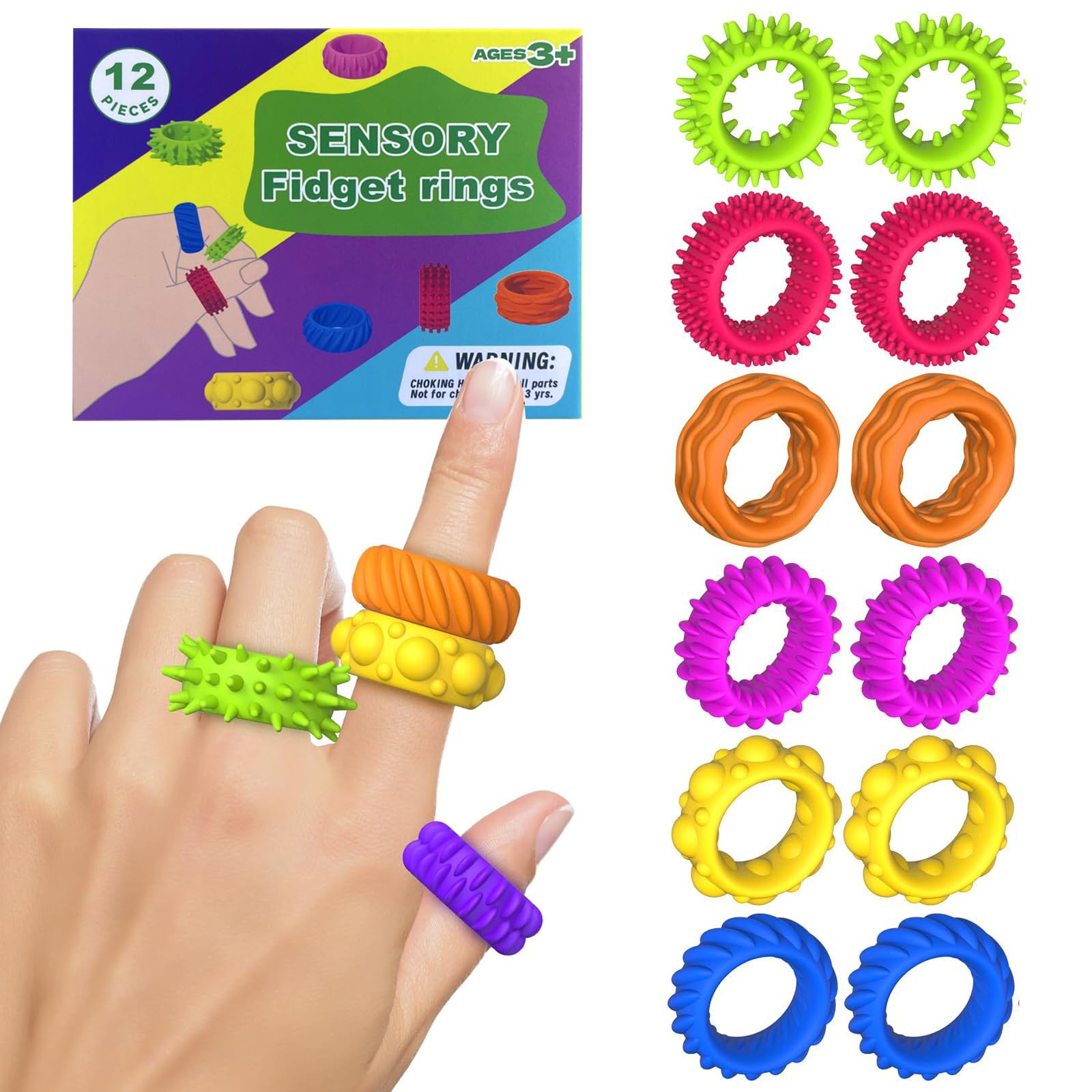 Fidget Toys for Kids,Sensory Toys for Autism,12 Pcs Finger Rings Texture Stress Finger Toys for Kids Autism Calming Fidget Ring for ADHD Classroom