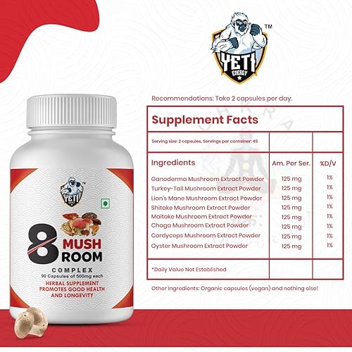 Miniatura 7 de Suplemento de hongos 8 complejos de hongos, 90 cápsulas, melena de león, cola de pavo, cordyceps, ganoderma, shitake, maitake, chaga, hongos ostra,