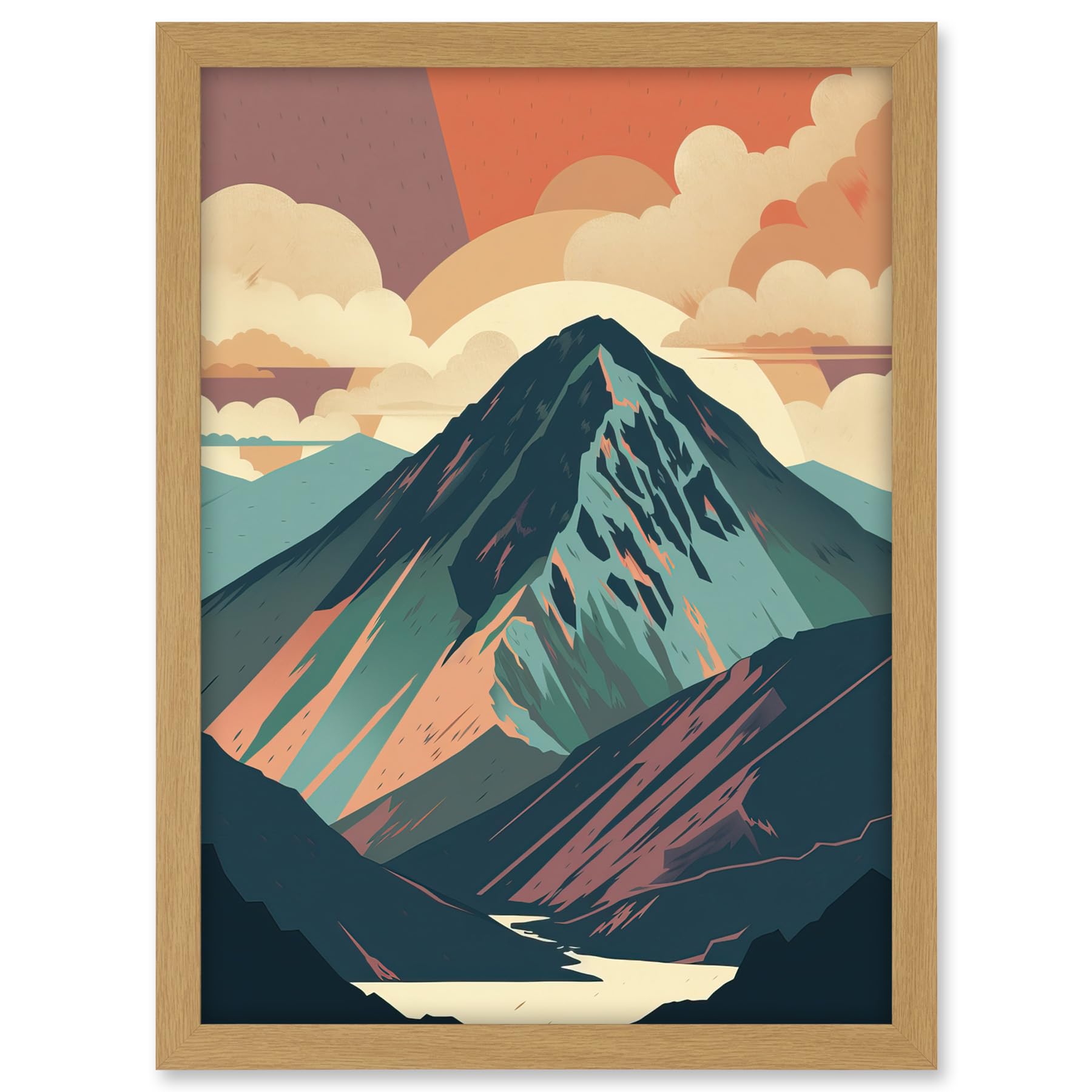 Artery8 Mountain Hill Sunrise Boho Landscape Illustration Artwork Framed A3 Wall Art Print