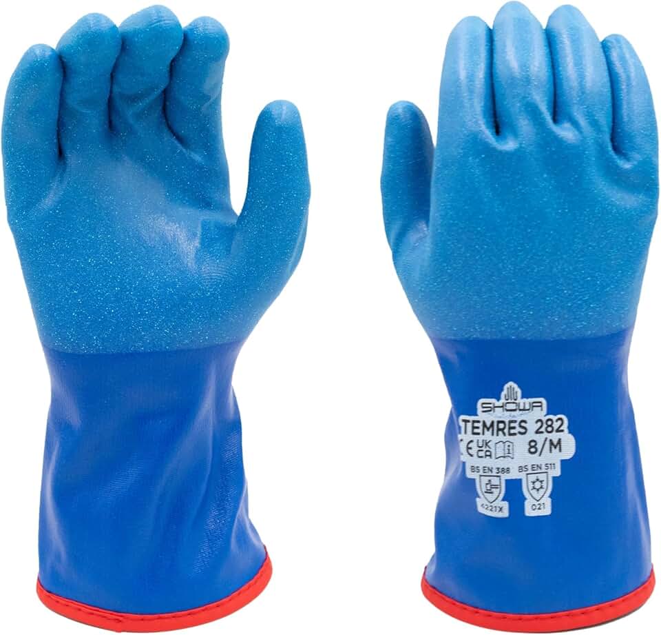SHOWA TEMRES 282 Waterproof Insulated Winter Work Gloves, Breathable Polyurethane Coating, Thermal Fleece Liner, High-Grip for Hiking, Cold Storage, Ice Fishing, Outdoor Work, Blue, Medium, 1 pair
