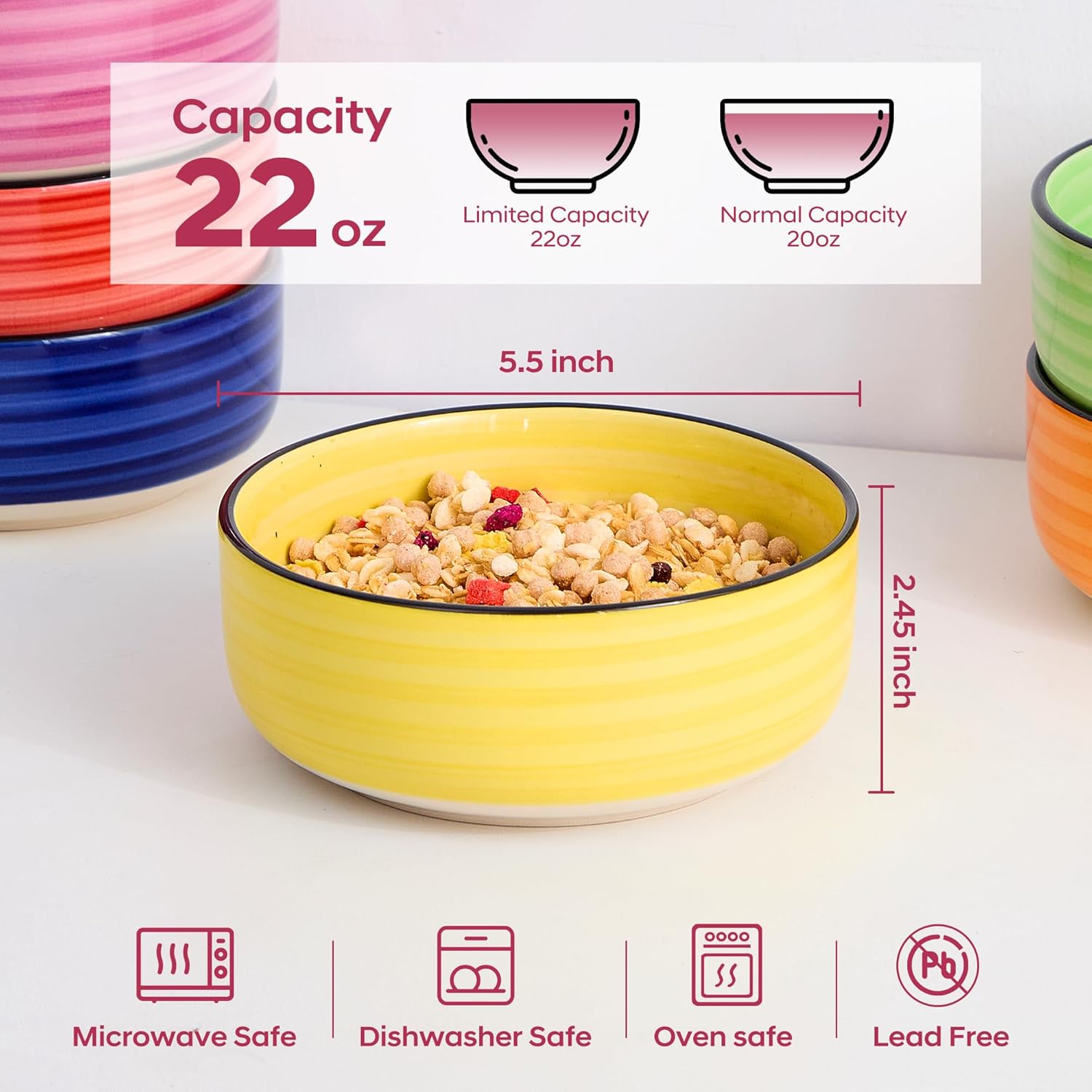 Bonita Cereal Bowls Set of 6-22 Oz Ceramic Soup Bowls, Microwave & Dishwasher Safe, 6 Inch Colorful Serving Bowls for Kitchen