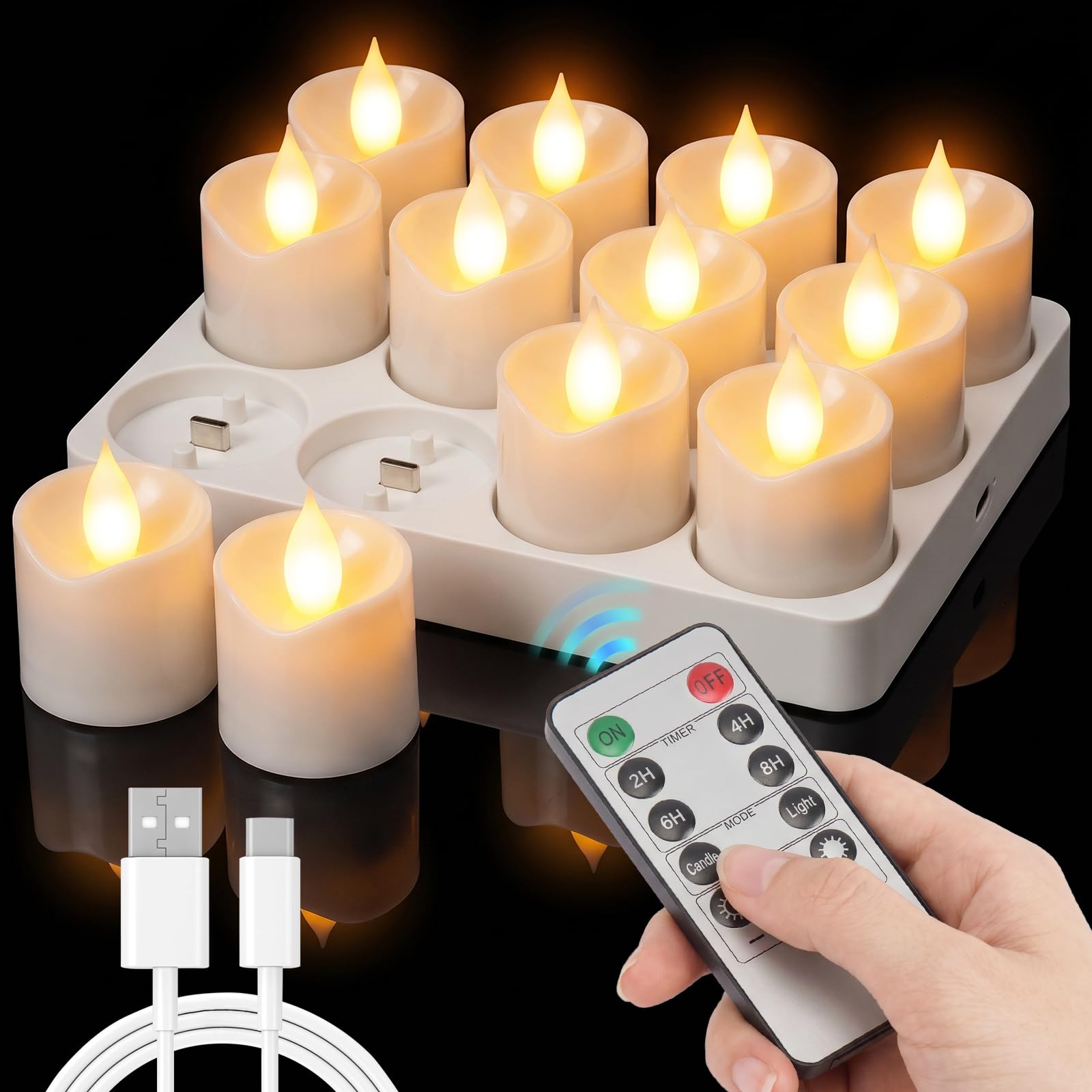 LED Grave Candle with Remote Control & Timer – Set of 12 Rechargeable Grave Lights with USB Charging Station – Flickering LED Candles (1600–1800K Warm White) for Table Decor, Fireplaces & Home