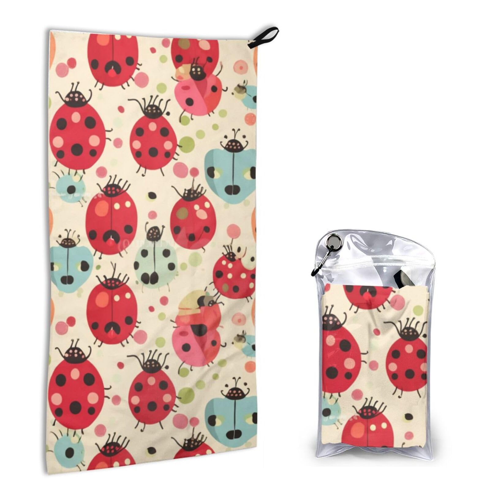 BWWHCCTI Quick Dry Hand Towel With Bag - Ladybugs Cartoon Pattern Printed Super Absorbent Face Cloth Microfiber Travel Sports Towels 40x80cm