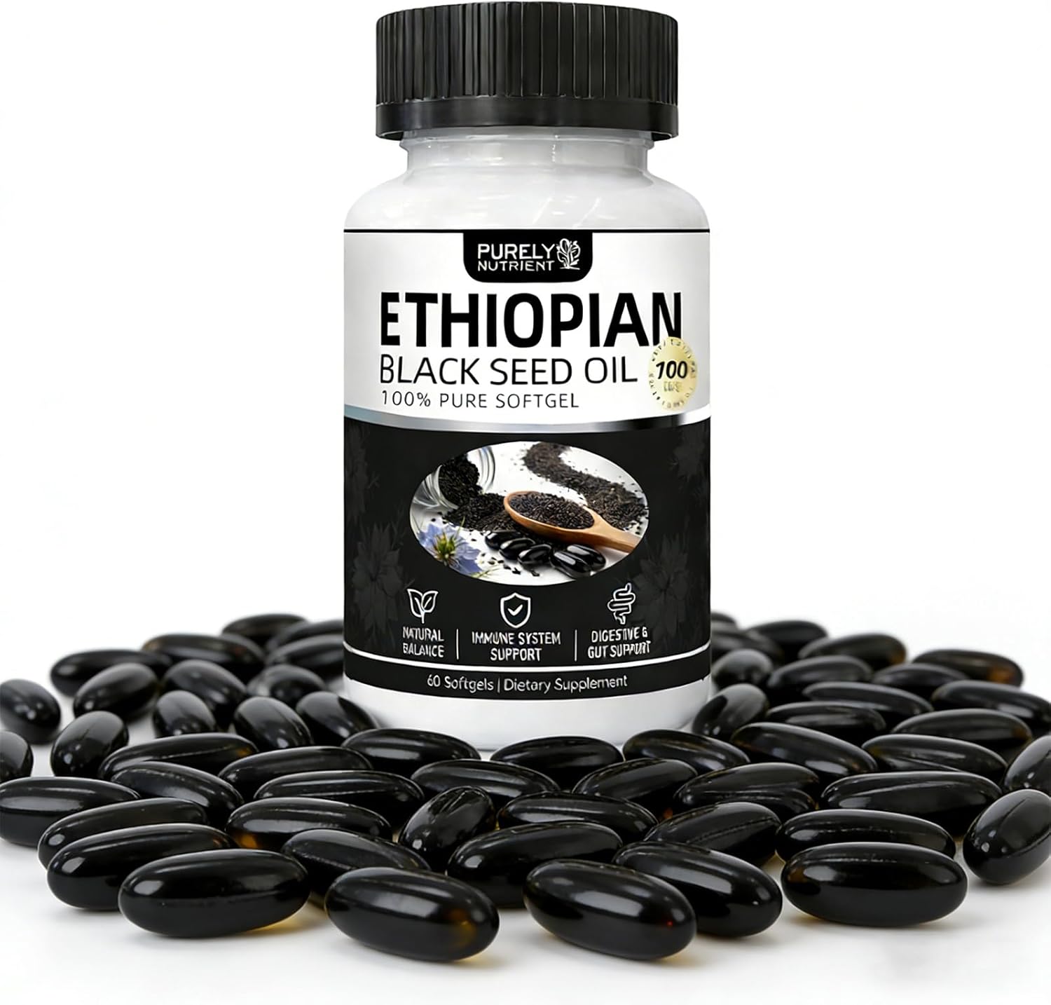 Purely Nutrient Ethiopian Black Seed Oil, Ethiopian Black Seed Oil Softgels |4.64% Thymoquinone | Non-GMO, Gluten-Free,60 Capsules-1PCS