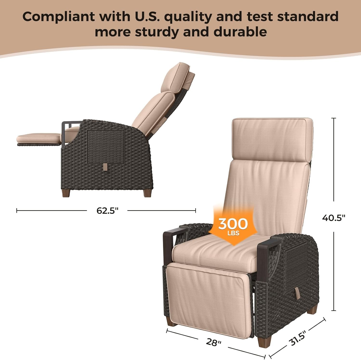 Grand patio Relaxliege Liegesessel mit Sitzkissen Armlehnensessel Verstellbare Rückenlehne Rattan Sonnenliege für Innen, Außeneinsatz, Khaki Sitzkissen & Dunkelbraun
