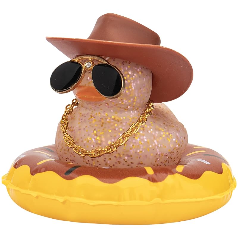 Enfeite de Pato para Painel Automotivo wonuu com Chapéu de Cowboy, Óculos, Colar e Boia B_light Brown_brown Cowboy Hat_donut