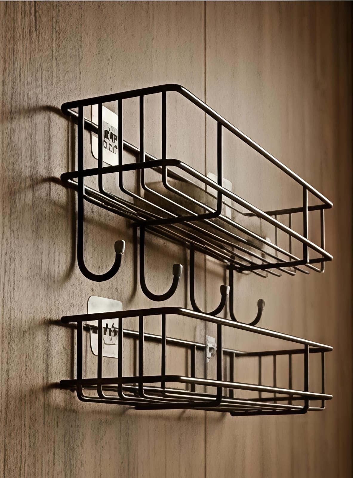 2 pc Self-Adhesive Metal Bathroom Rack Rust Proof Bathroom Organiser Without Drill, Bathroom Shelves Wall Mounted Shelves Kitchen Shelf Storage Rack with 4 Hooks (Black) (Pack of 2)-image-41