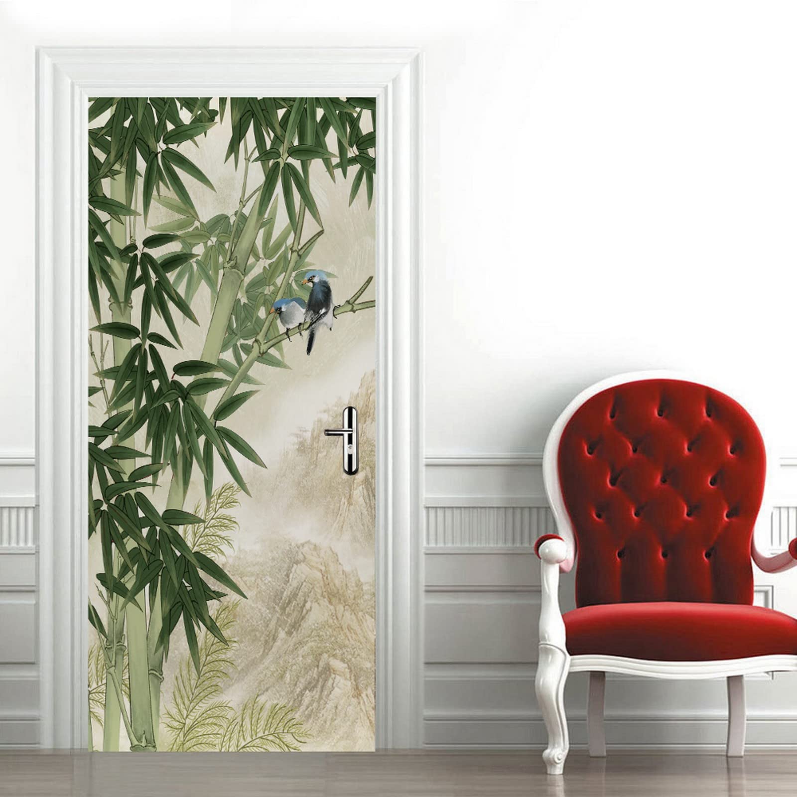 A.Monamour Adesivo Porta Autoadesiva 3D Uccelli Su Bambù Verde Disegno Sullo Sfondo Del Paesaggio Di Montagna Vinile PVC Adesivi per Porte Interne Pellicola Adesiva Poster Sticker Murale Parete