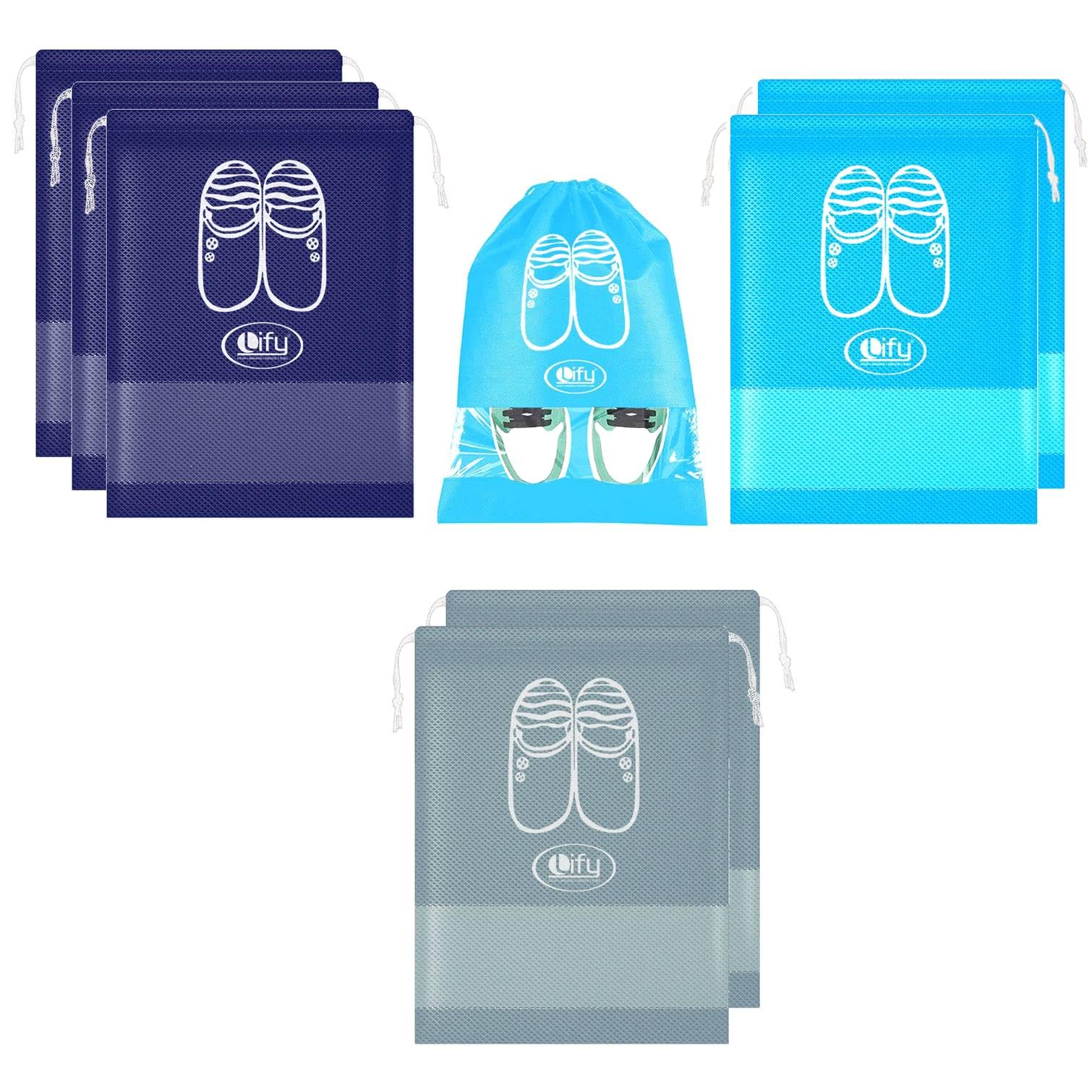 Lify Portable Travel Shoe Bags Shoe Organizer Space Saving Storage Bags- Medical Blue (3pcs), Navy Blue (3 pcs) & Light Grey (2 Pcs) 16 X 12'' Inches- 8 Piece Pack