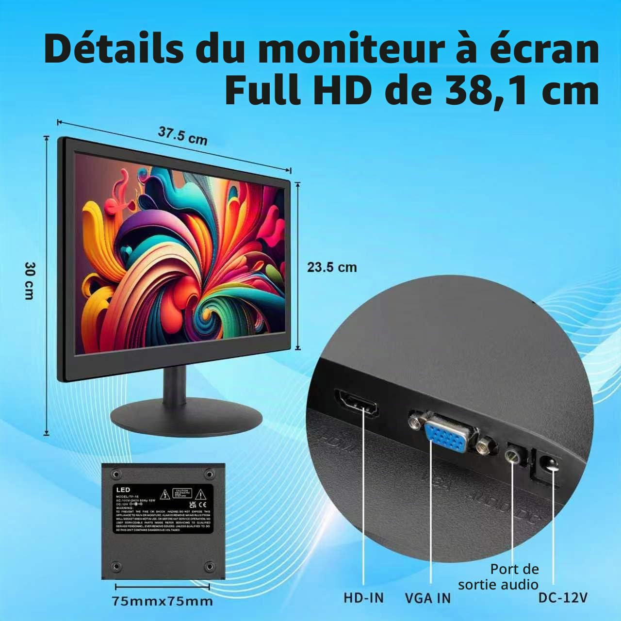 KCR Moniteur LED 15 Pouces, 1920 * 1080 | Entrées HDMI et VGA, Haut-parleurs intégrés, Temps de réponse 5ms, Montage VESA