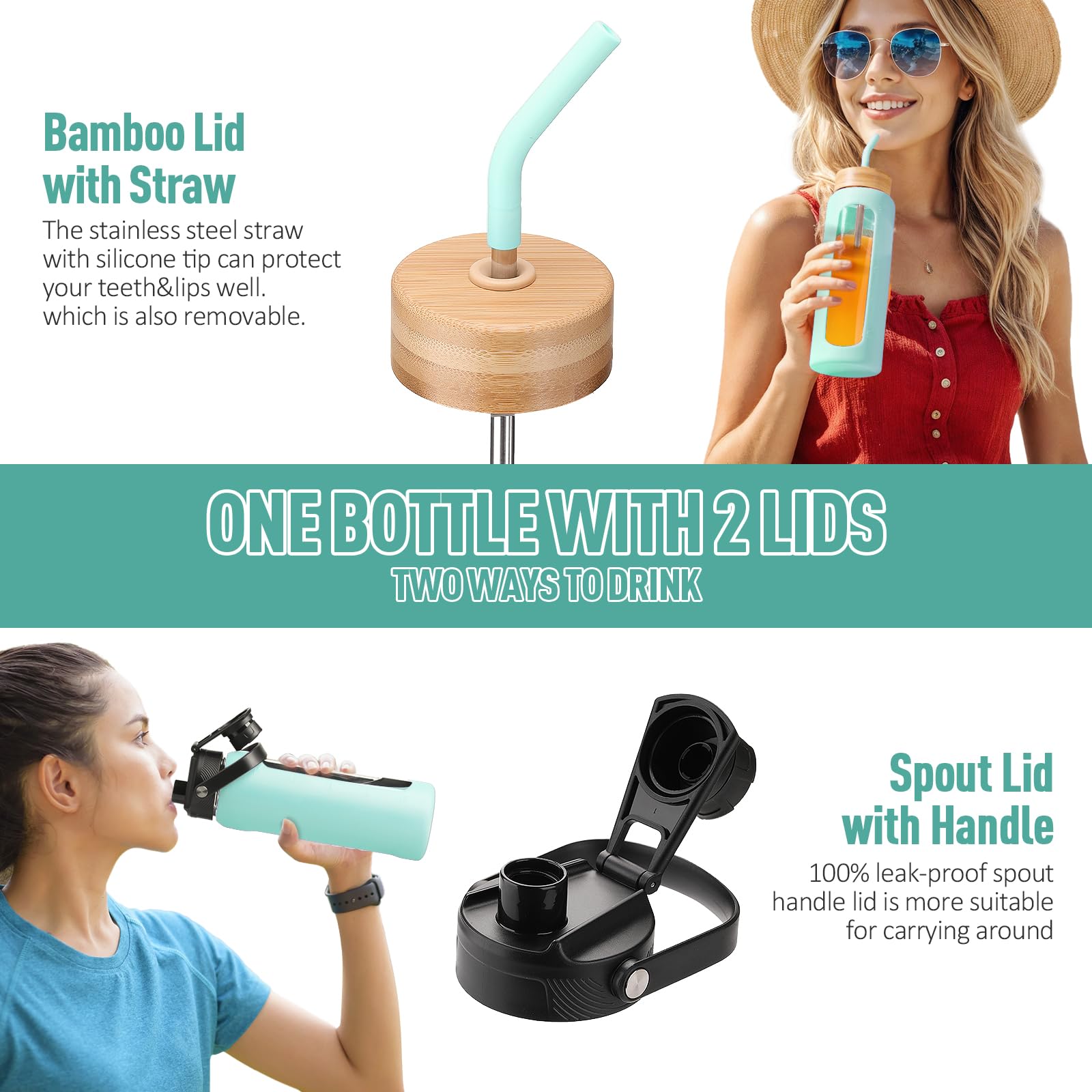 BLUEGO Borraccia in vetro da 600ml con cannuccia e 2 coperchi, tazza da caffè in vetro con custodia in silicone, senza BPA, Azzurro