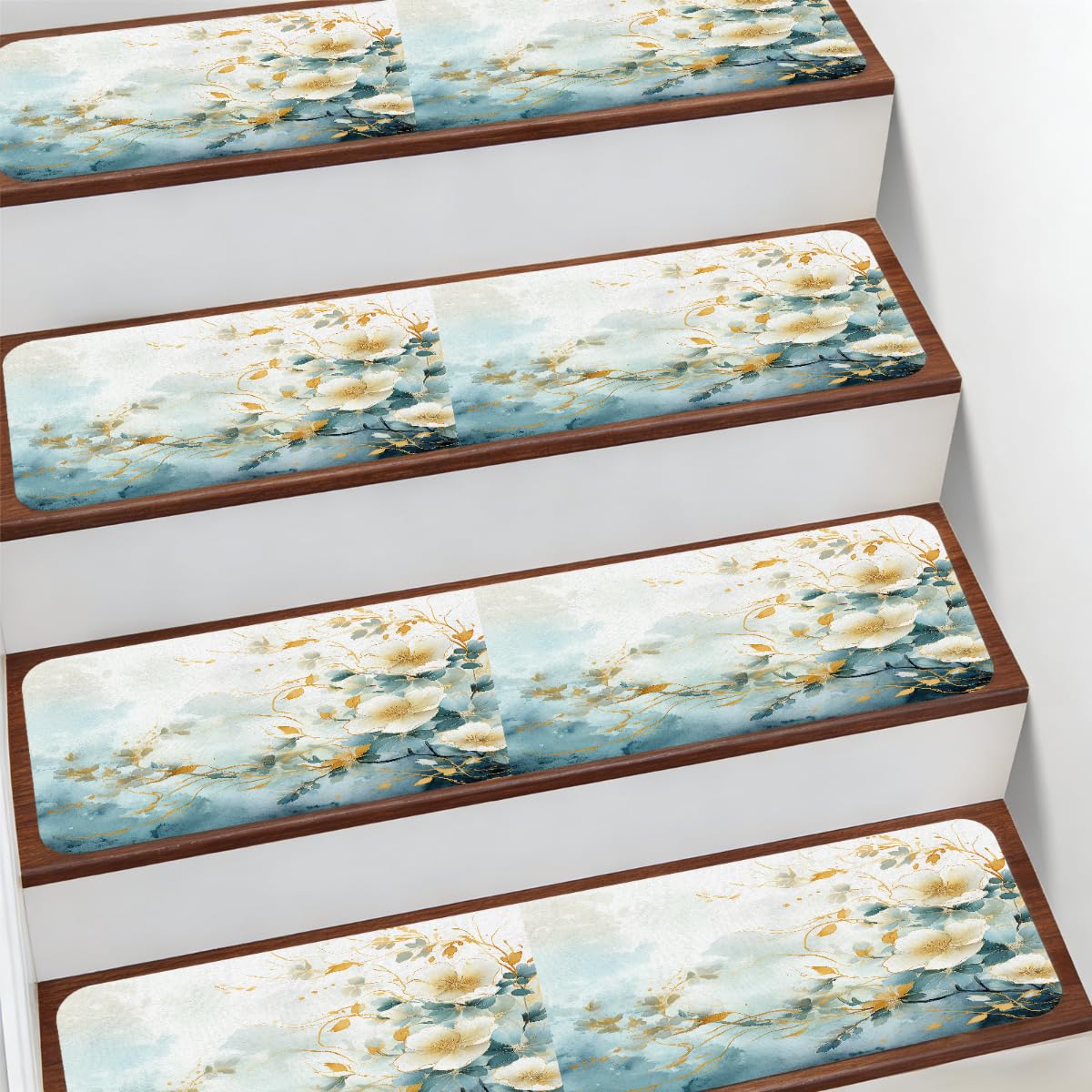 Alfombras para escaleras de madera en pack de 15 unidades de 76x20 cm con diseño de flores