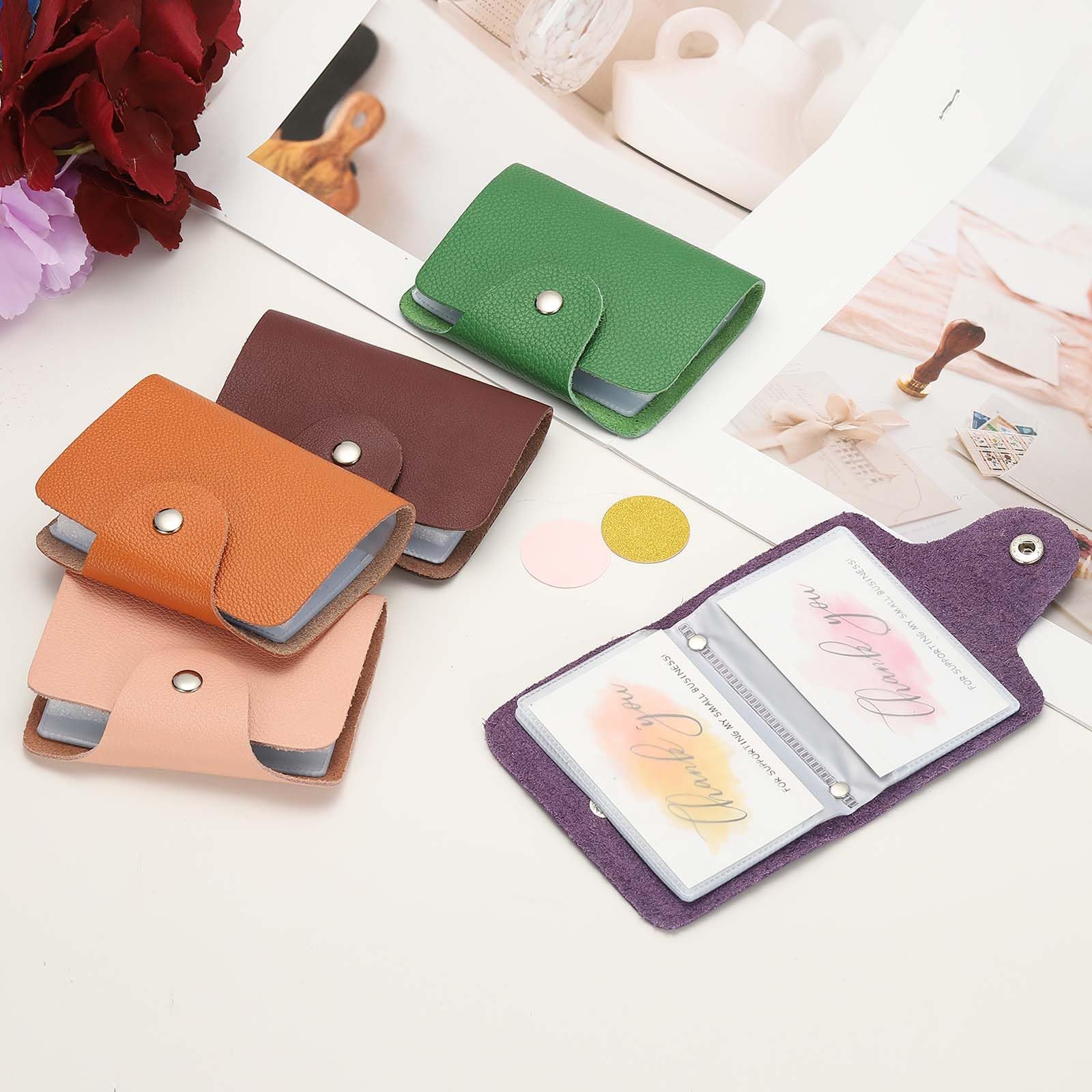 QUARKZMAN 2 Piezas De Portatarjetas De Cuero Organizador De Tarjetas De Visita Estuche Delgado Para Tarjetas De Identificación Monedero De Bolsillo Protector Con 24 Ranuras Rojo Rosa