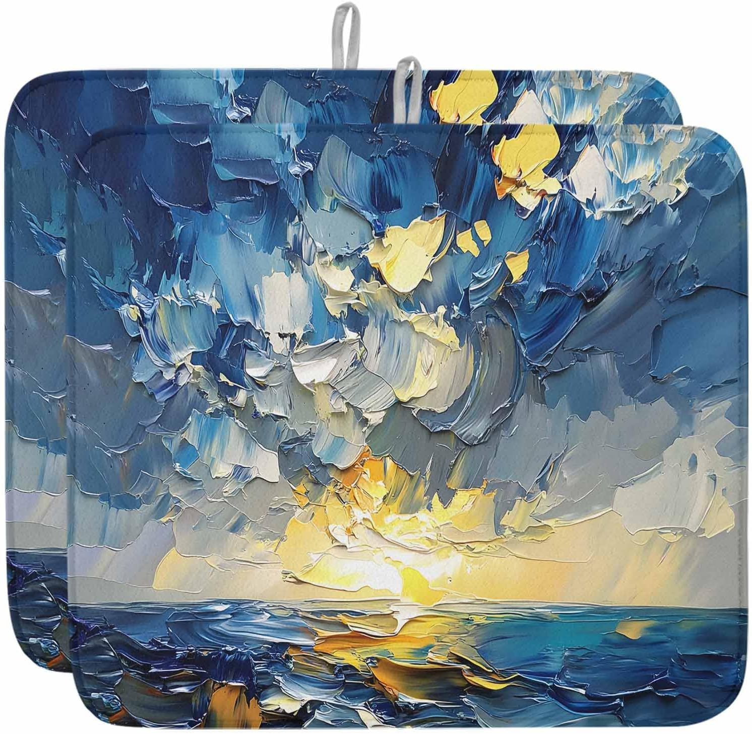 Dish Drying Mat Set of 2 Abstract Ocean Microfiber Absorbent Reusable Washable Dish Drying Rack Mat Oil Painting Texture Coffee Mat for Coffee Maker Bar Kitchen Countertops 16x18inch