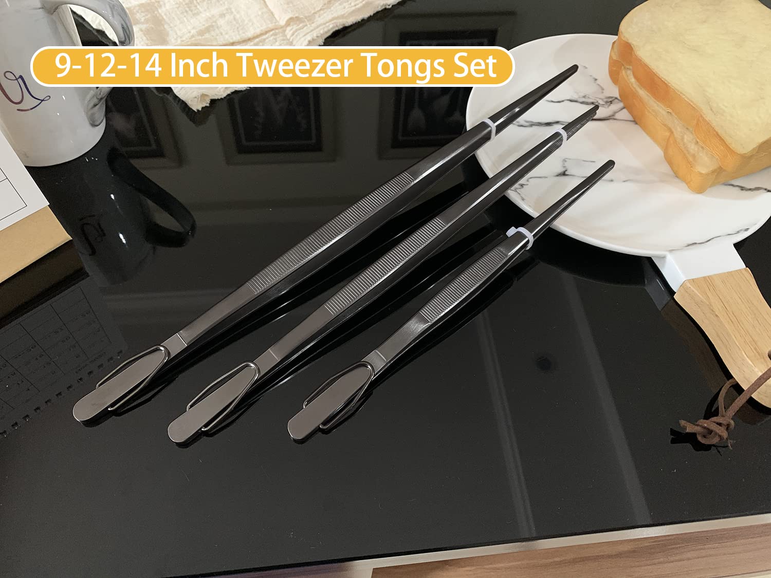 JETKONG Pinzas de cocina extralargas de acero inoxidable resistentes, juego de 3 (9, 12, 14 pulgadas, color negro)