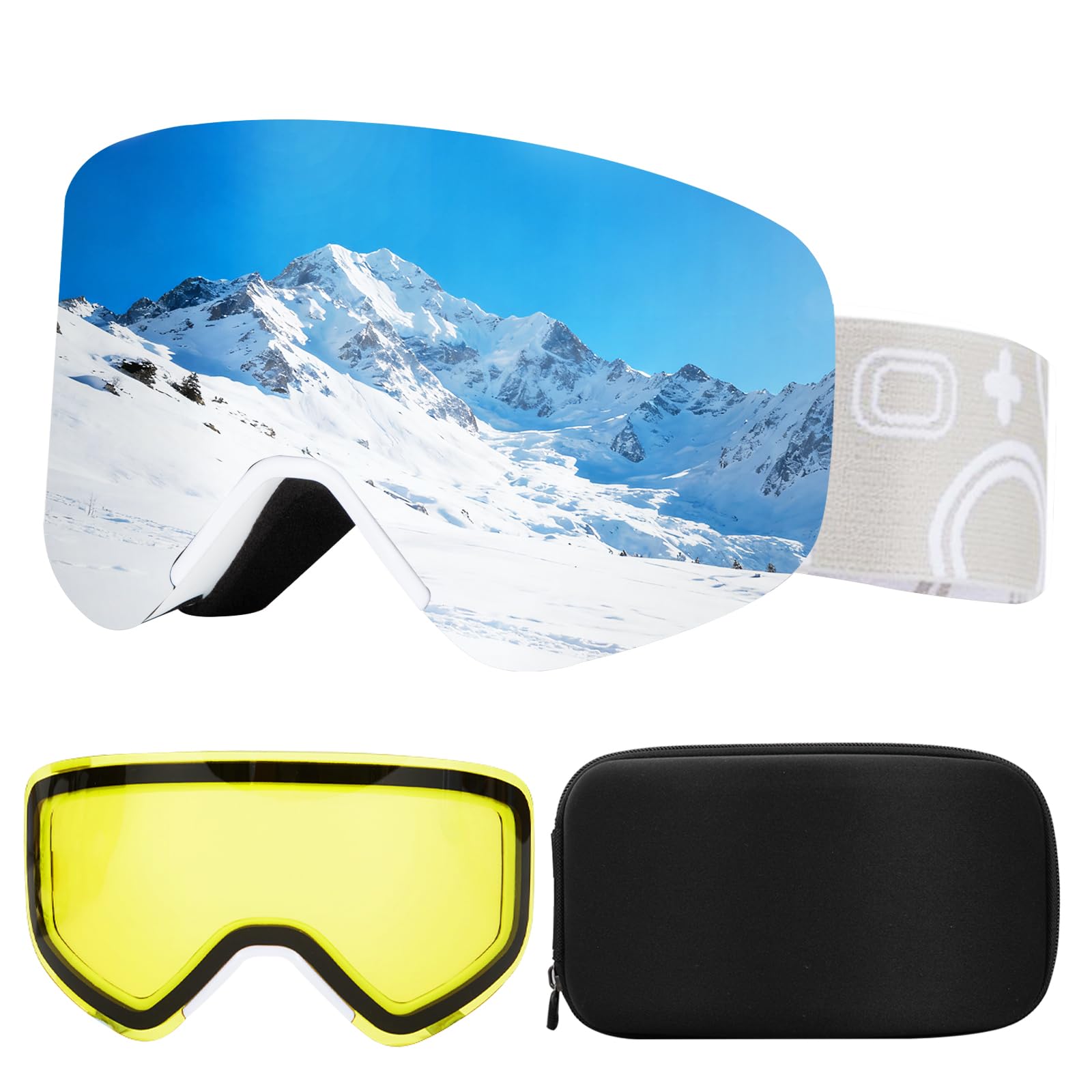 VCOROS Masque de Ski YH879B avec Magnétique Lentille pour Unisexes | Interchangeable Lunettes de Ski OTG Ajustables Anti Buée Coupe-Vent Anti-UV Lunettes de Snowboard pour Ski