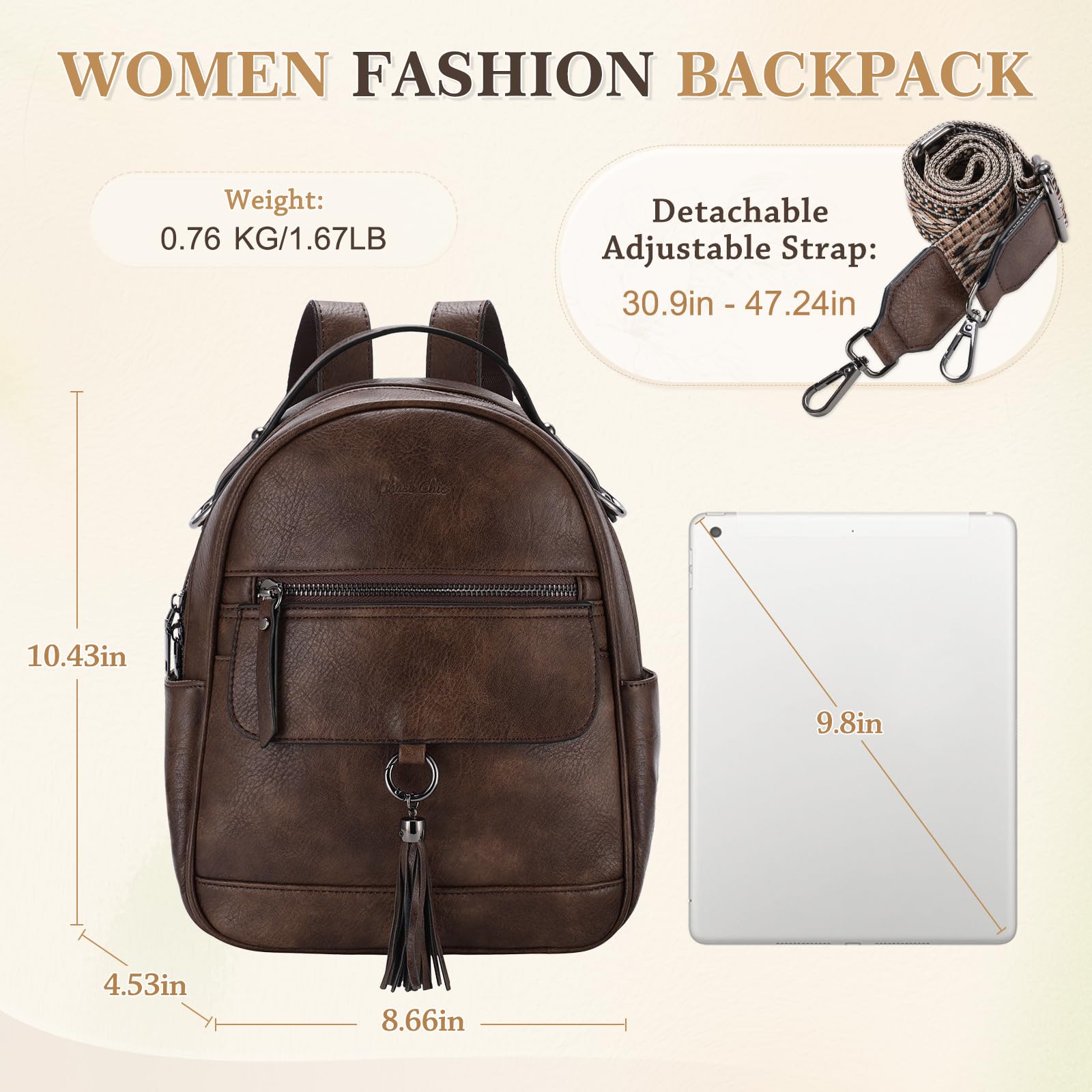 Chase Chic Petit Sac à dos Femme,Sacs à Main Portés Dos Femme en Cuir,Sacs à Dos Cartable avec Sangle de Guitare Amovible