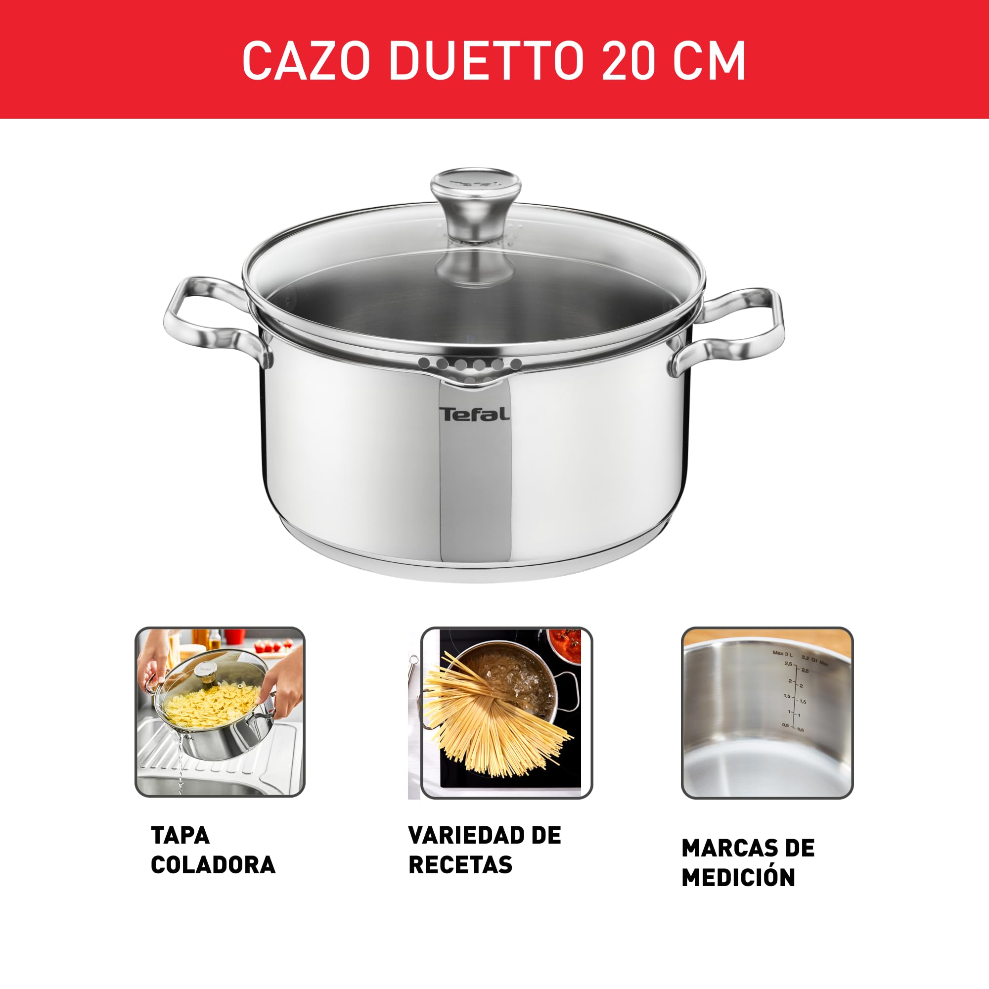 Visita la tienda de Tefal Tefal Duetto - Cacerola de 20 cm, Apto inducción, Thermo-Fusion, apto lavavajillas y horno, marcas de medición, acero inoxidable in use