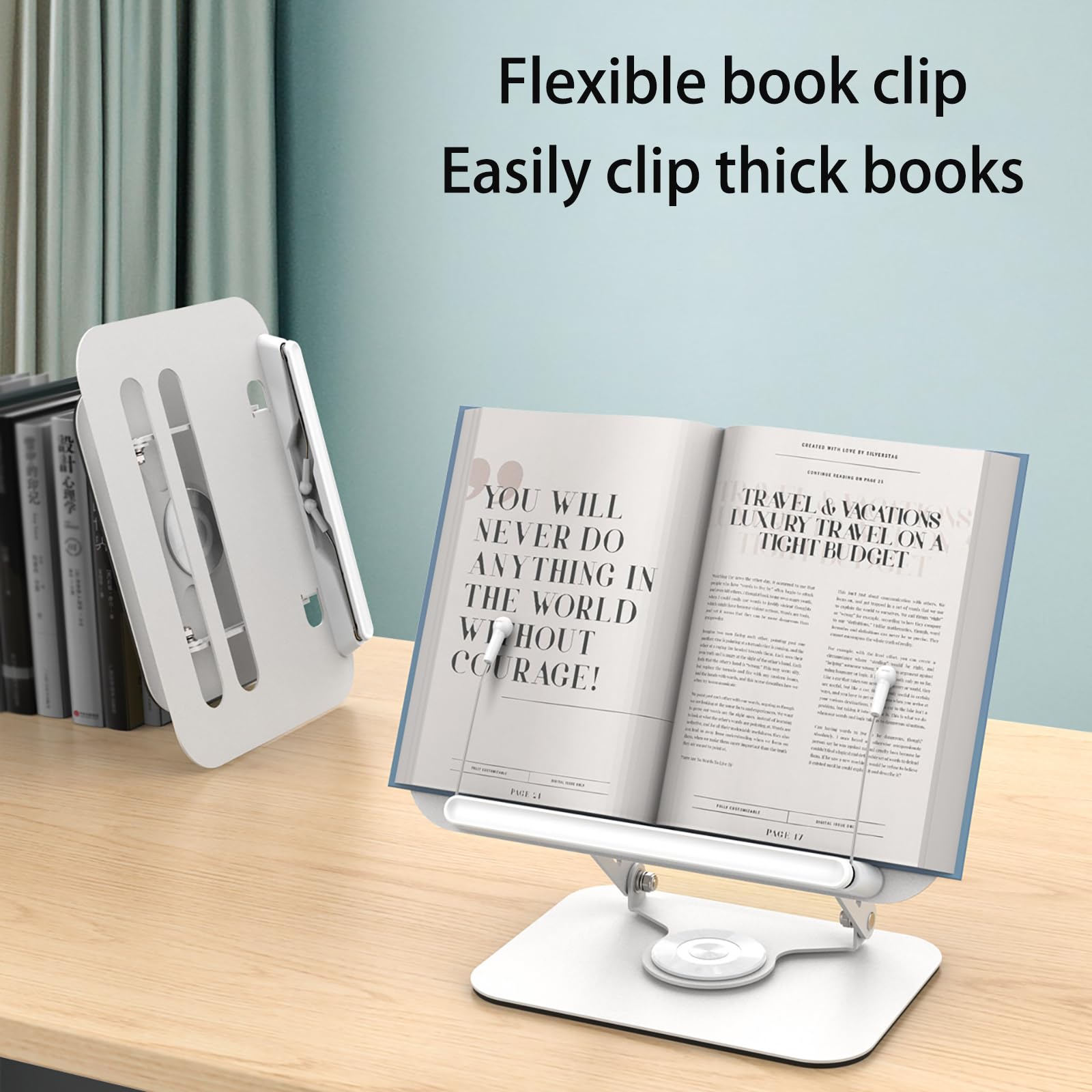 Buchständer zum Lesen, verstellbarer Tischbuchständer mit 360°-Drehfuß, faltbar, verstellbarer Winkel, multifunktional, für Kochbücher, Rezeptbücher, Tablets und Laptops - Silber