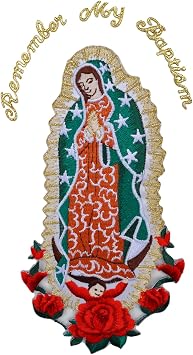 Christening Virgin Mary My Lady of Guadalupe Baptism Embroidered Iron On Patch Gold English Word 8"x4.75"