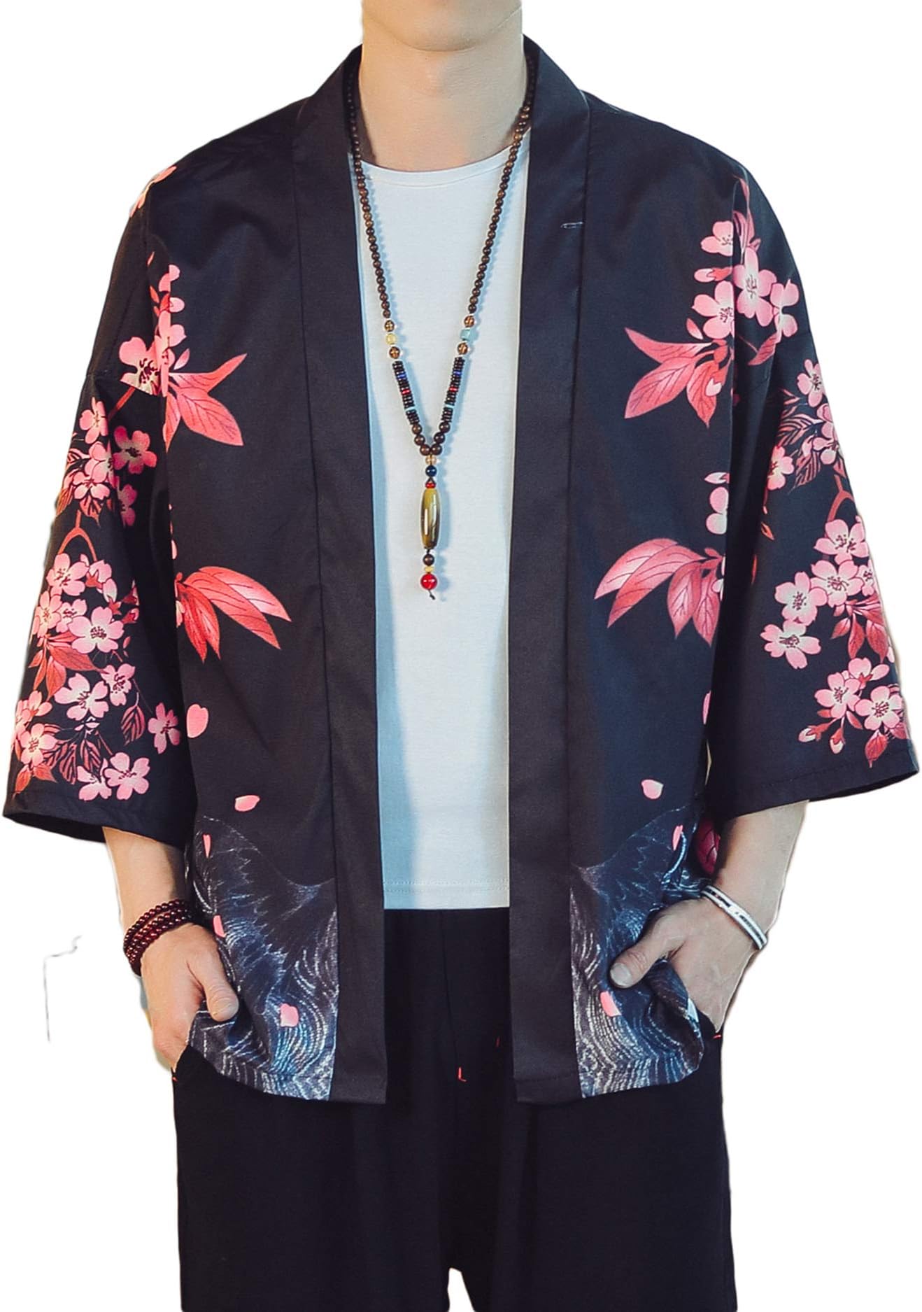 Men's Lightweight Kimono Jacket Seven Sleeve Open Front Cardigan Coat Japanese Style Bathrobe