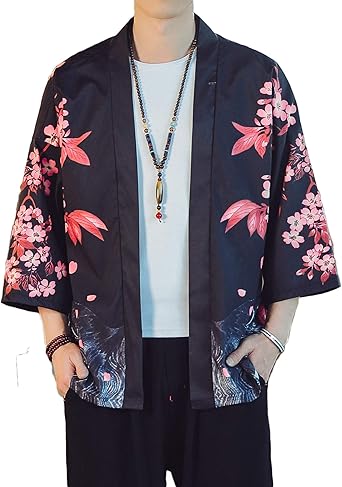 PRIJOUHE Mens Lightweight Kimono Jacket Seven Sleeve Open Front Cardigan Coat Japanese Style Bathrobe