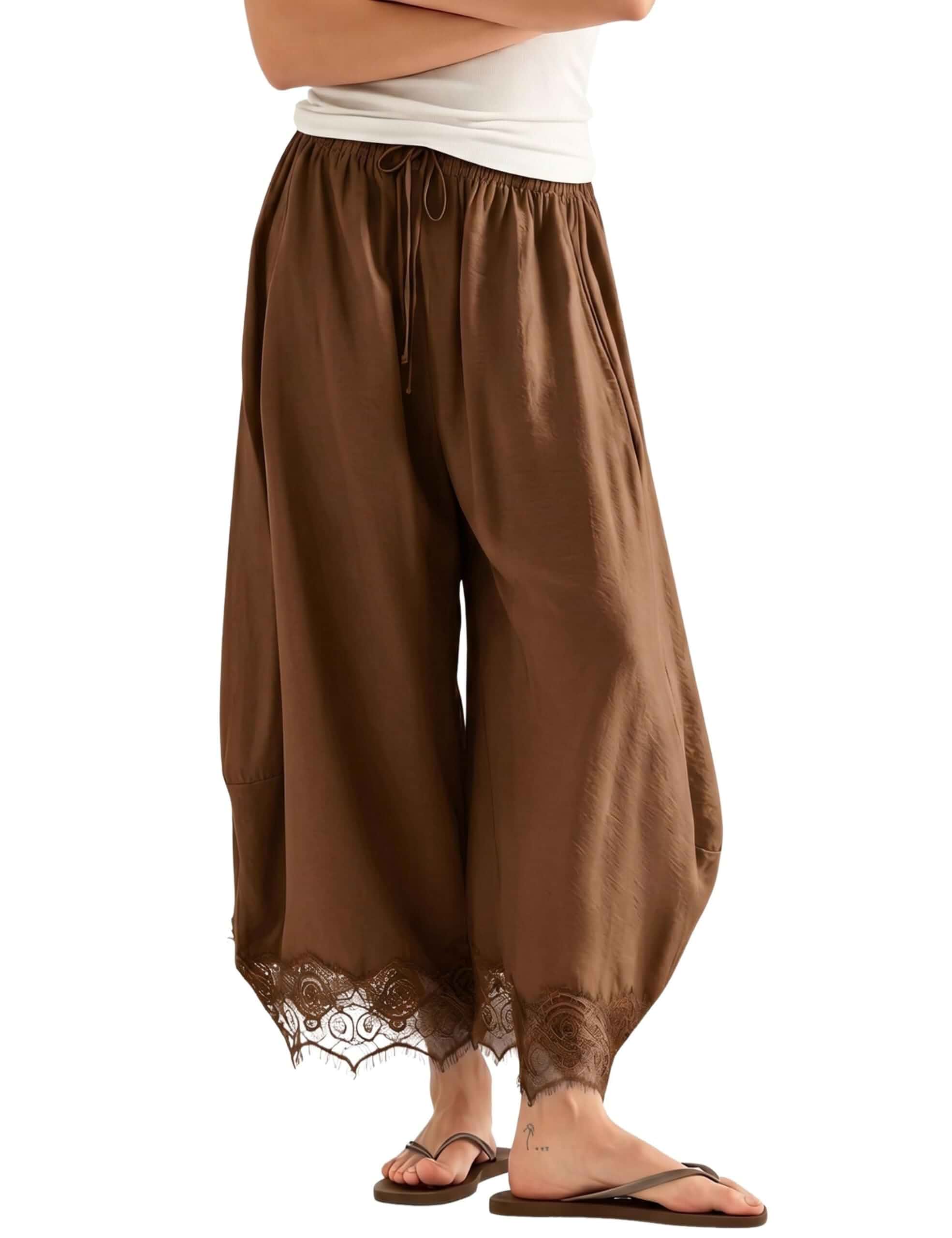 Xaspee Womens Lace Trim Wide Leg Pants Cropped Drawstring Flowy Pants Lightweight Lace Hem Pants with a Relaxed Wide Leg Fit Drawstring High Waist and Side Pockets for Casual Wear