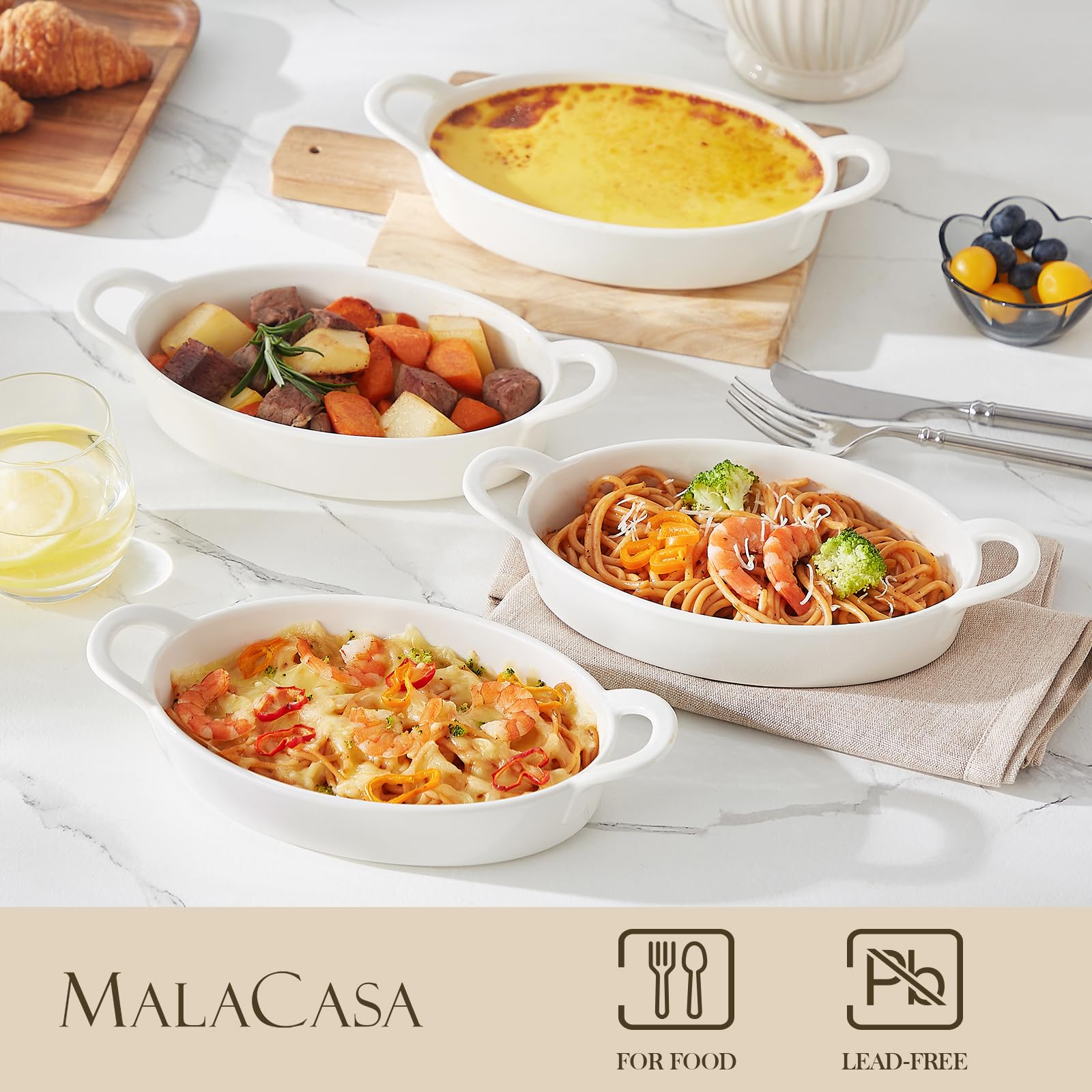 MALACASA Serie BAKE, Set di 4 Pirofile da Forno in Ceramica Ovali, 670ml Piatti da Forno in Ceramica, Cocotte Monoporzione da Forno con Manico per Dessert, Lasagne, Torta - 20,7cm (Bianca)