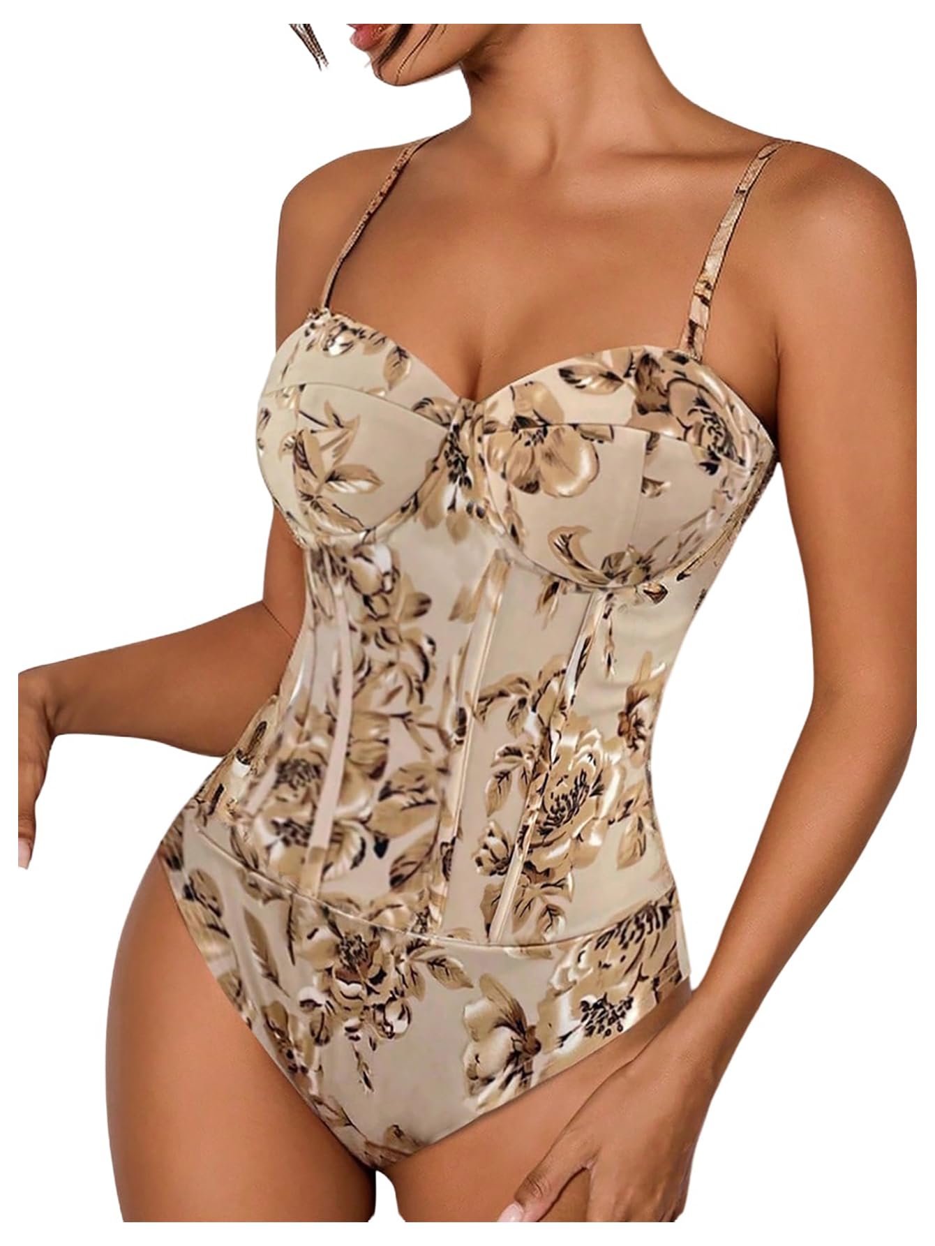 Women's Bodysuit Floral Bustier Corset Tops Spaghetti Strap Sleeveless Backless Thong Bodysuit Apricot X-Large