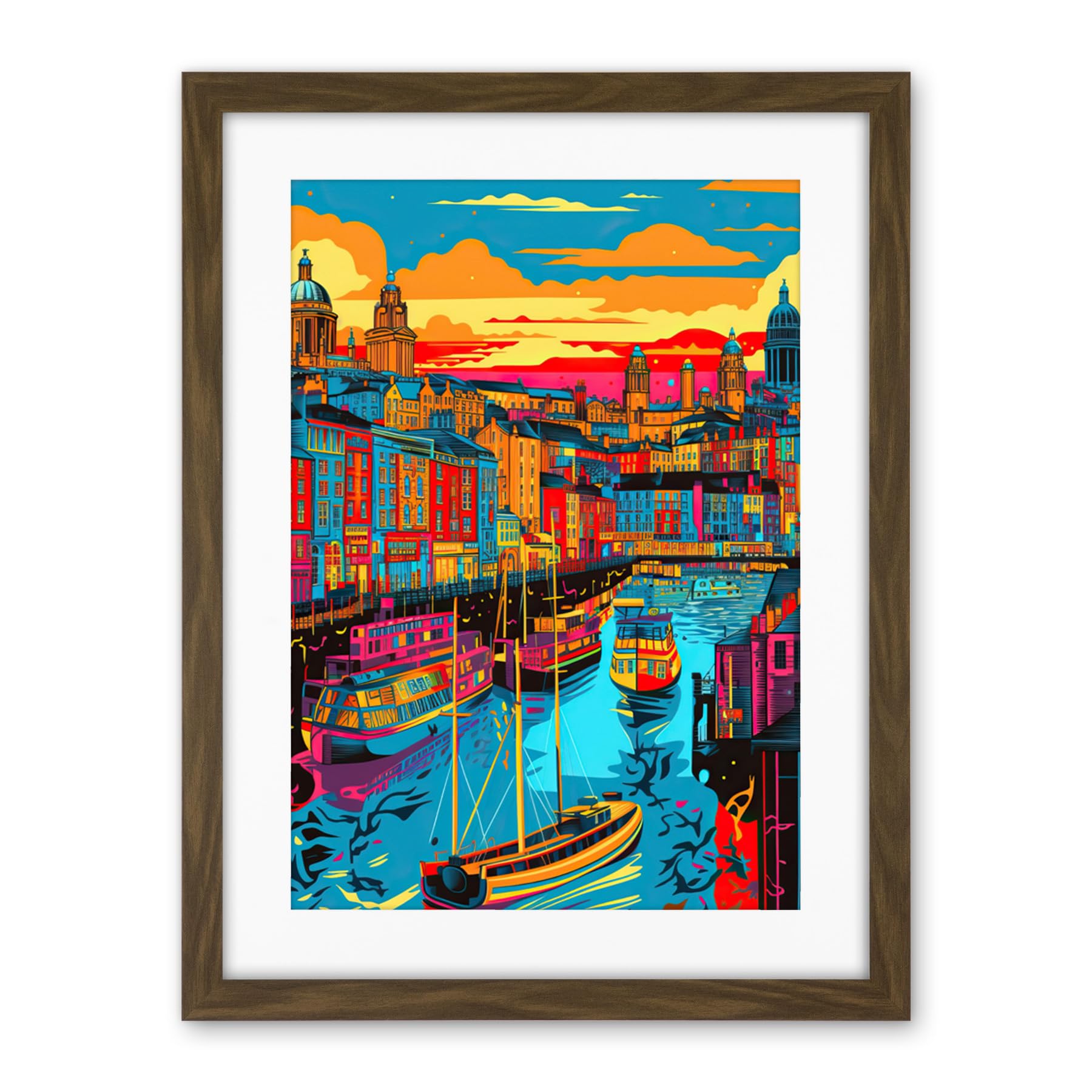 Artery8 Vibrant Liverpool City Waterfront Sunset Cityscape Artwork Framed Wall Art Print 18X24 Inch